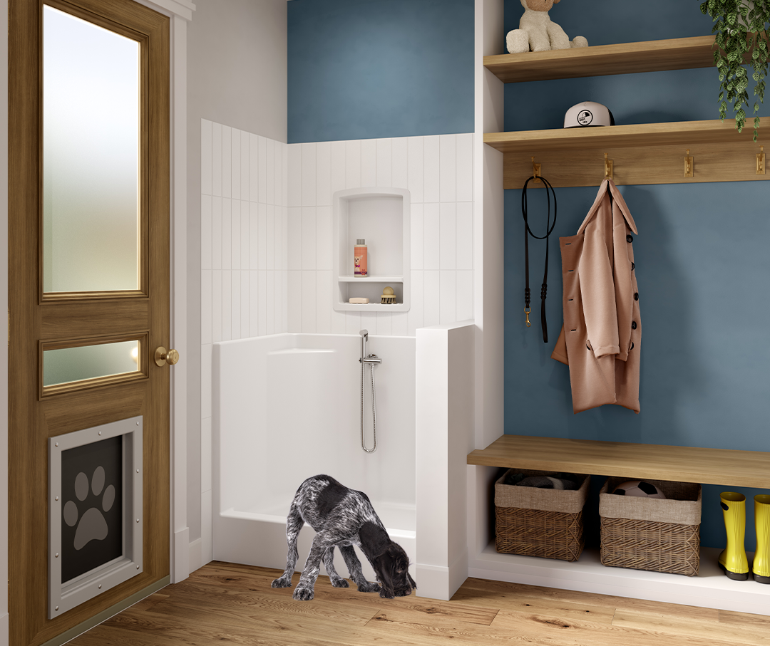 A black and grey dog sniffs the floor of a bathroom.