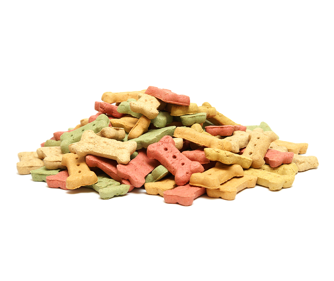 A pile of small, multi-colored dog bone treats.