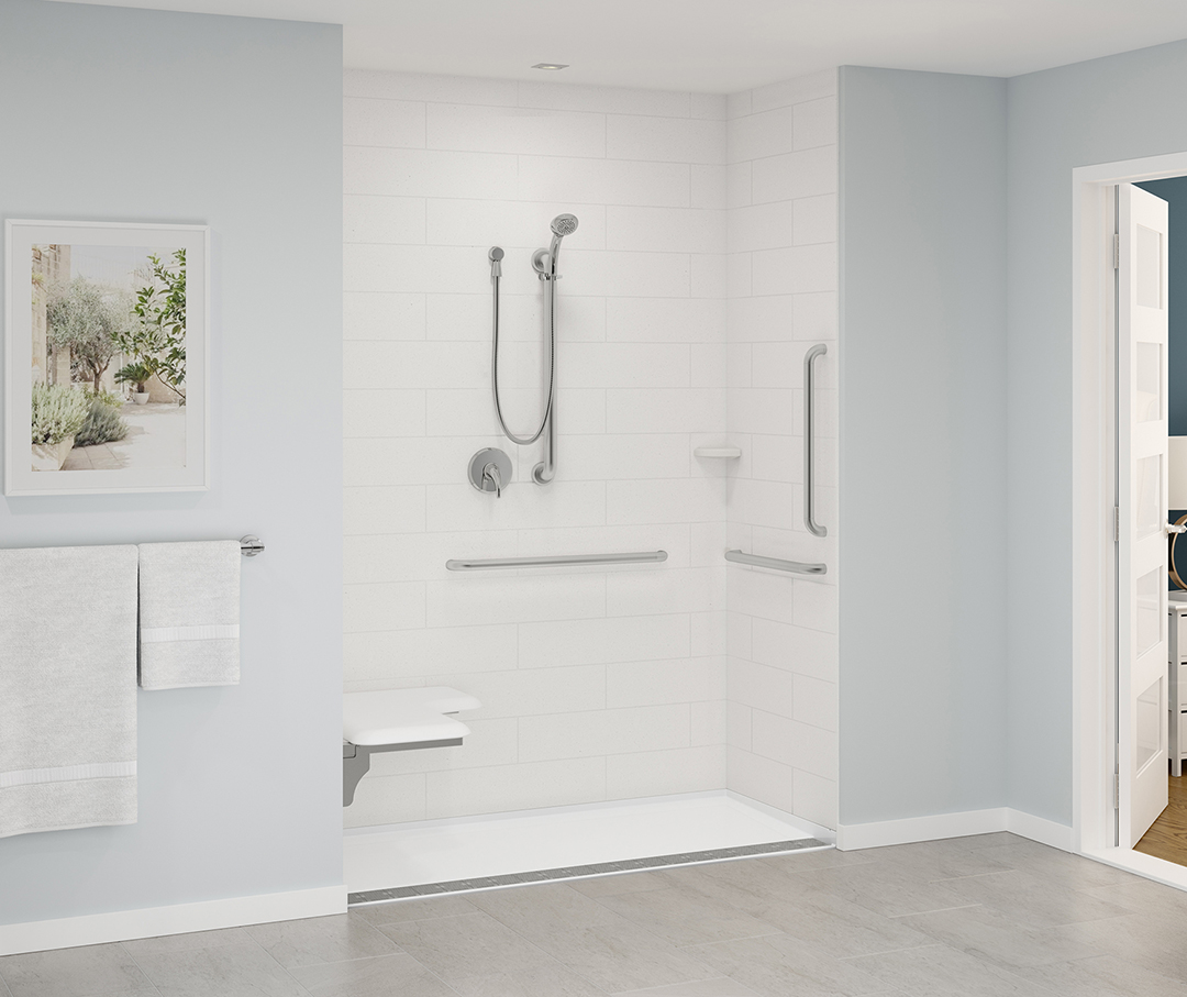 Roll-in showers for senior living, showers bases by Comfort Designs.