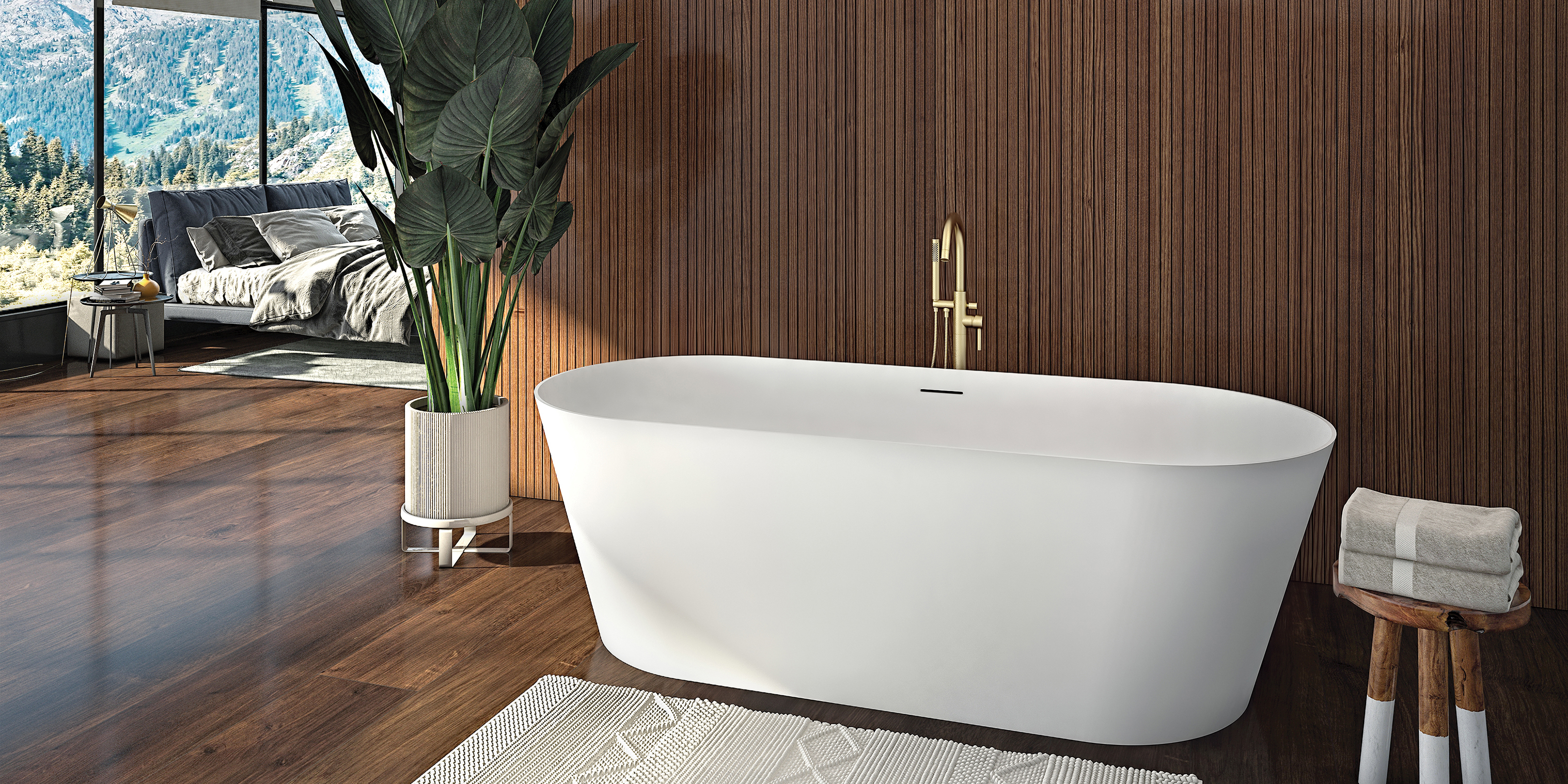 Luxurious bathroom with a freestanding white bathtub, wooden accent wall, and large plant.
