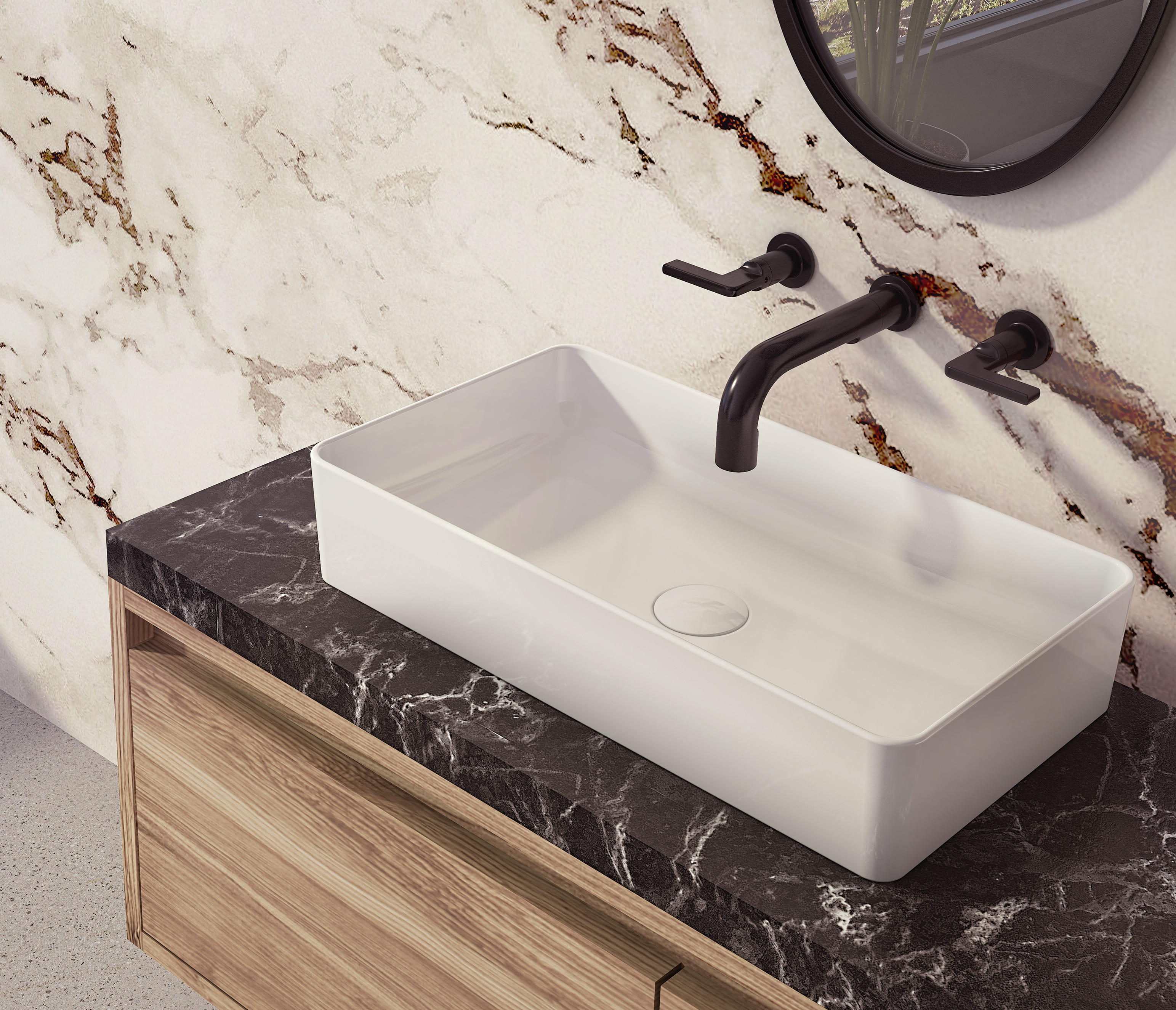 A modern bathroom sink with a white countertop and black fixtures, featuring a lower shelf for storage, set against a rustic brick wall with a round wooden mirror above.