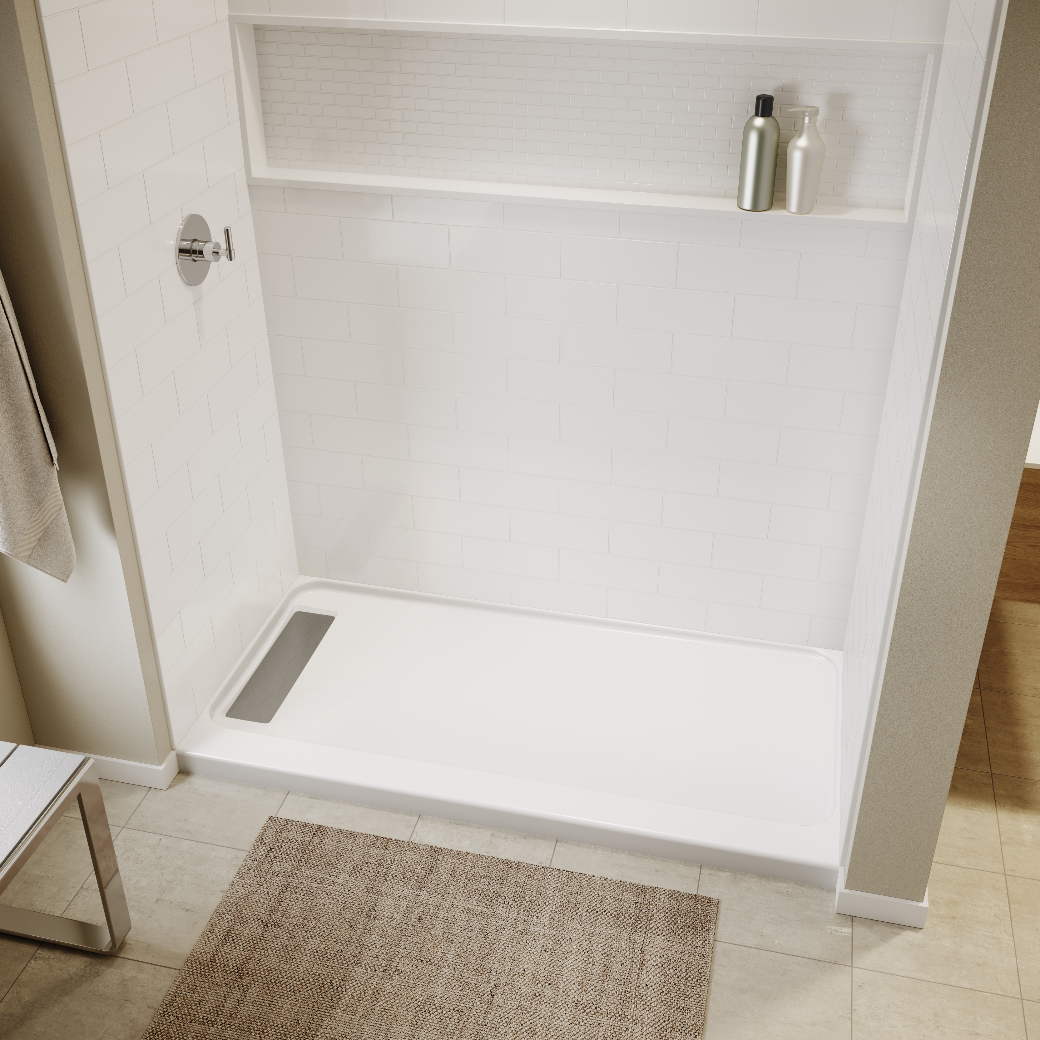 Americast 60 x 34 x 3  Alcove Shower Base - Chrome Trench Drain 4 1/2" in. from Wet Wall