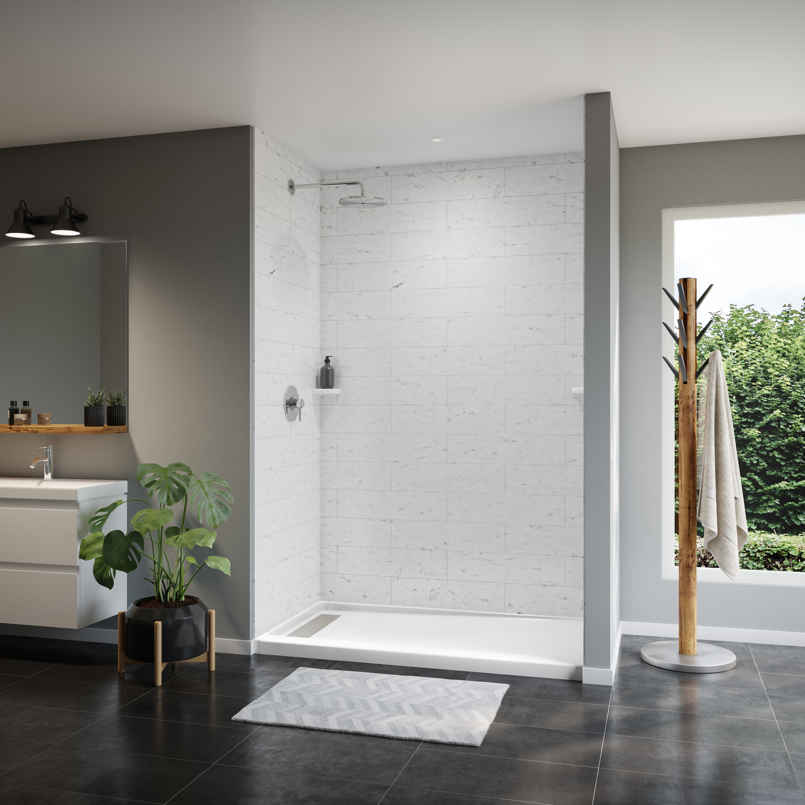 ShowerCast 60 x 36 x 3 Porcelain Enamel Alcove Shower Base - Brushed Nickel Trench Drain 4 1/2" in. from Wet Wall
