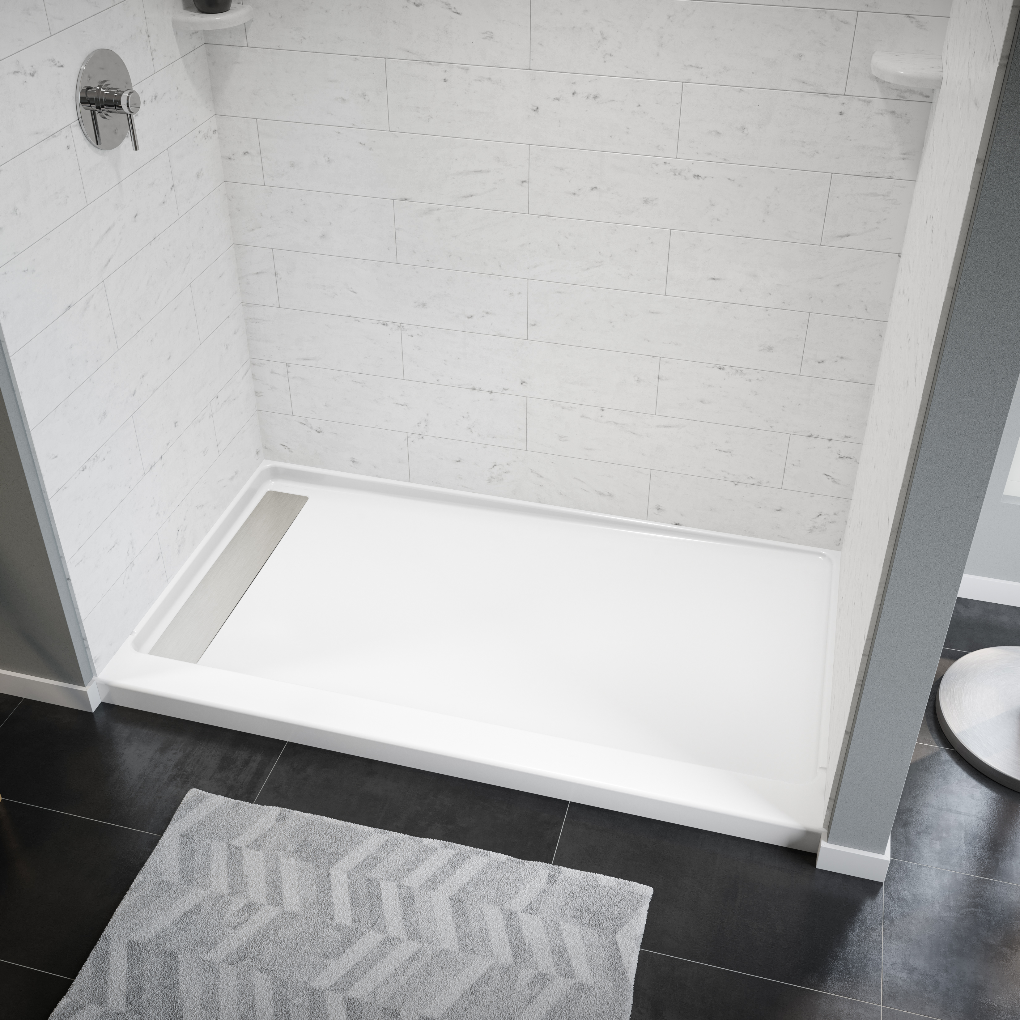 Americast 60 x 36 x 3  Alcove Shower Base - Chrome Trench Drain 4 1/2" in. from Wet Wall