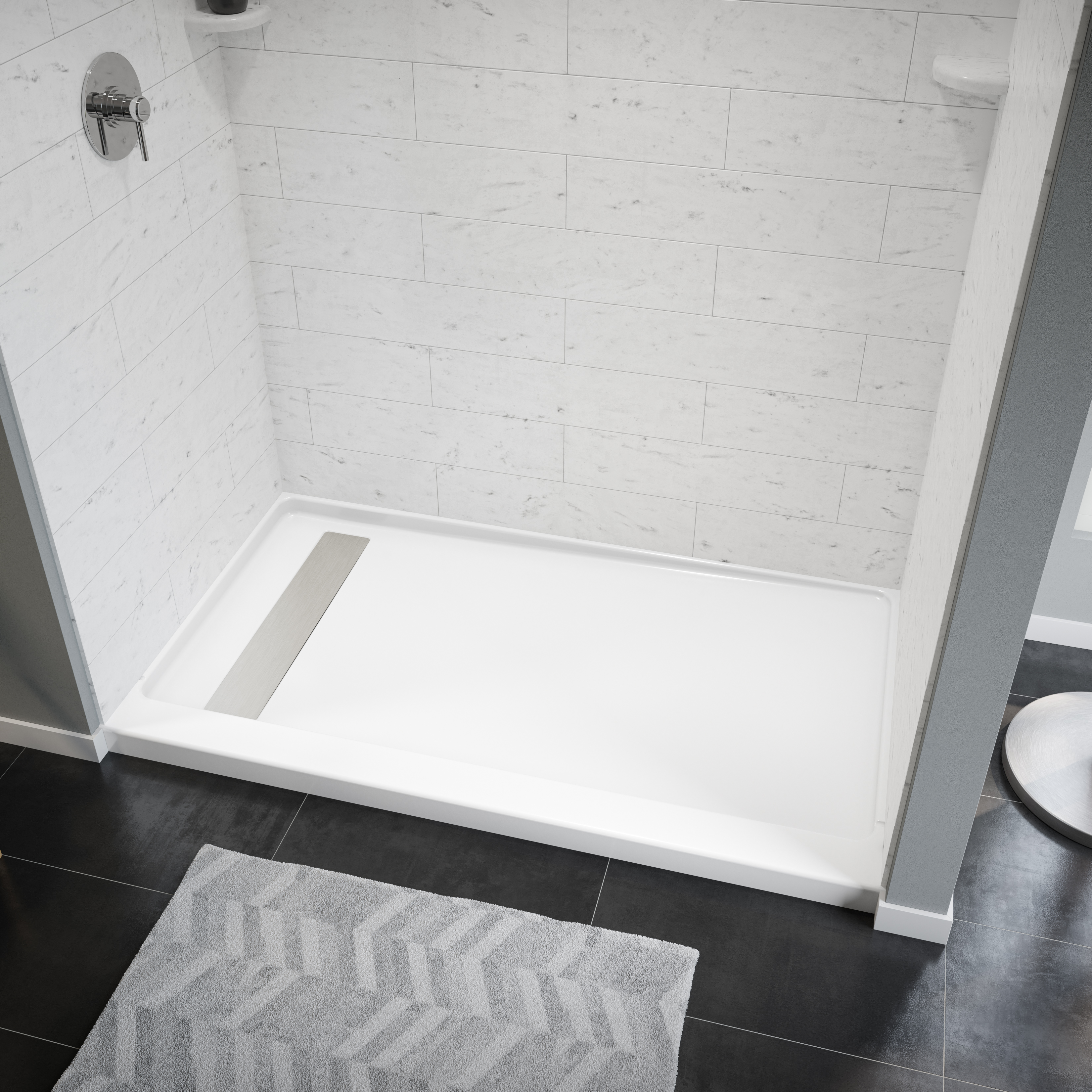 ShowerCast 60 x 36 x 3 Porcelain Enamel Alcove Shower Base - Trench Drain 8 1/2" in. from Wet Wall