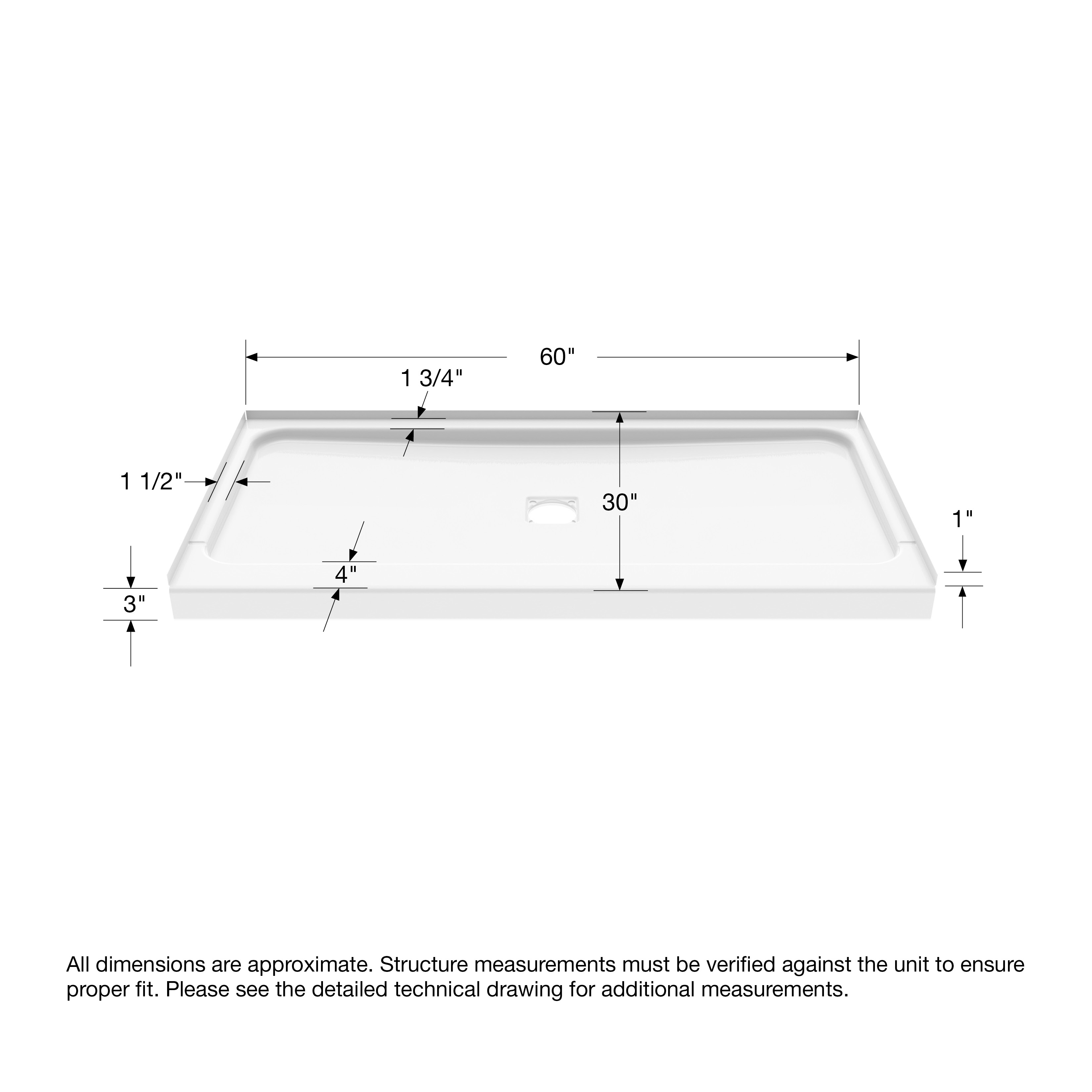 ShowerCast 60x30x3 Porcelain Enamel Alcove Shower Base - Square Drain