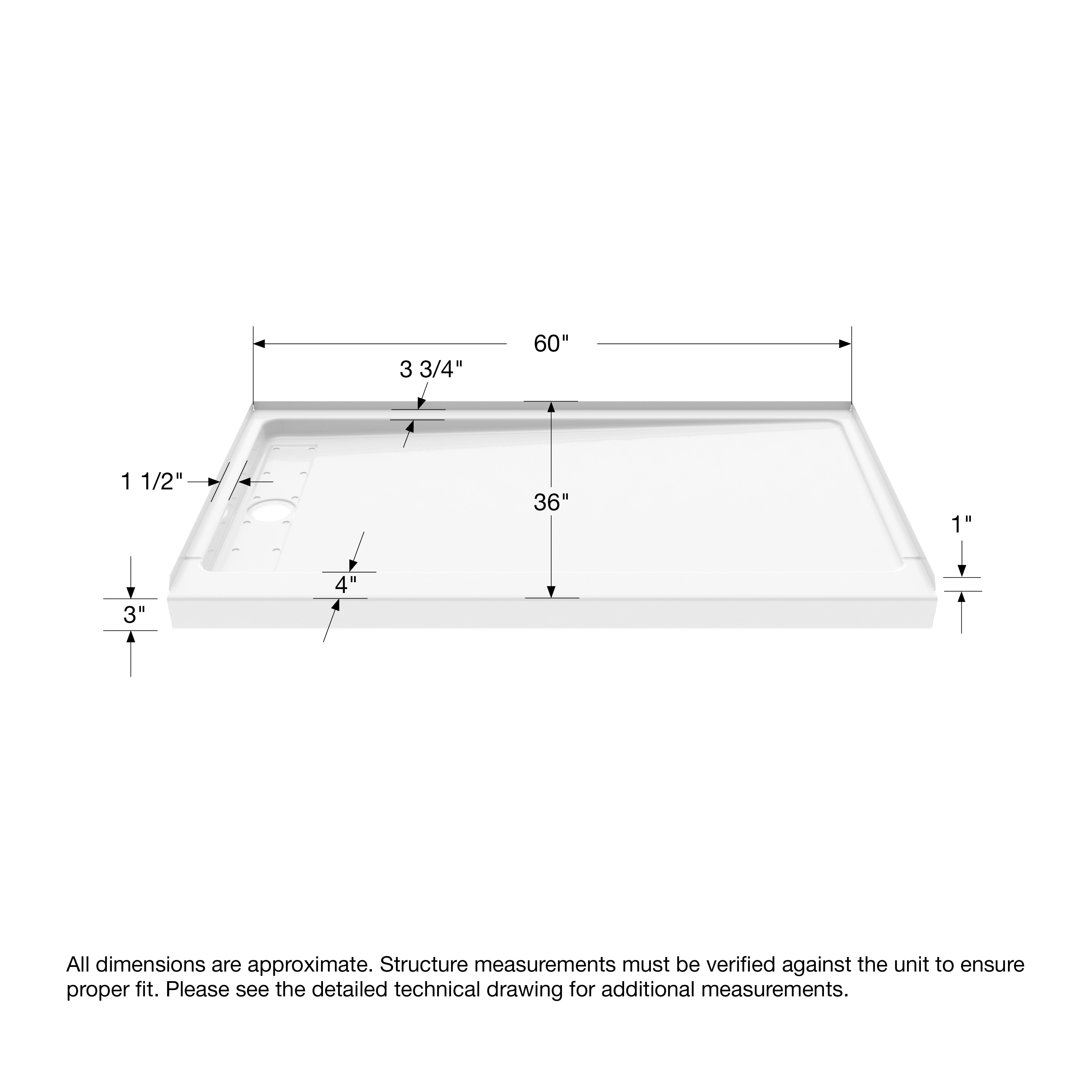 ShowerCast 60 x 36 x 3 Porcelain Enamel Alcove Shower Base - Brushed Nickel Trench Drain 4 1/2" in. from Wet Wall