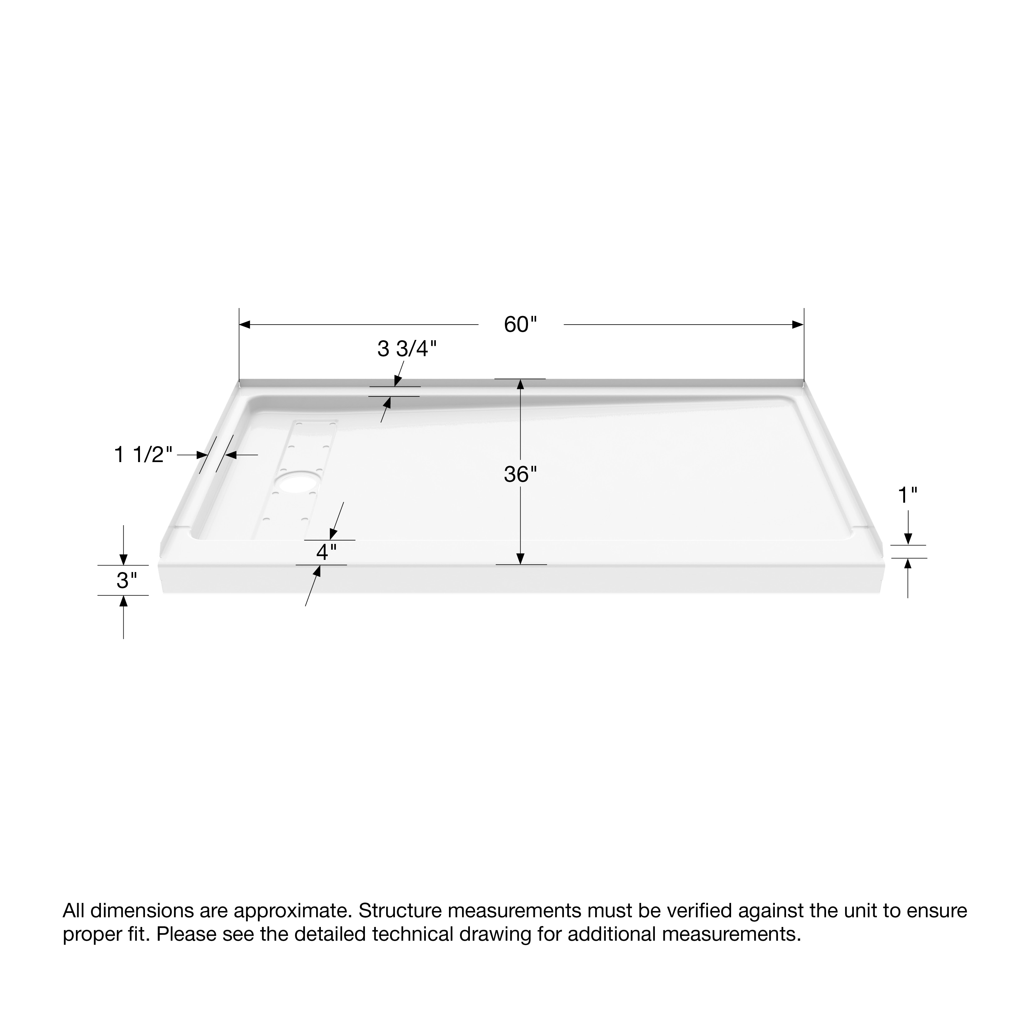 ShowerCast 60 x 36 x 3 Porcelain Enamel Alcove Shower Base - Trench Drain 8 1/2" in. from Wet Wall