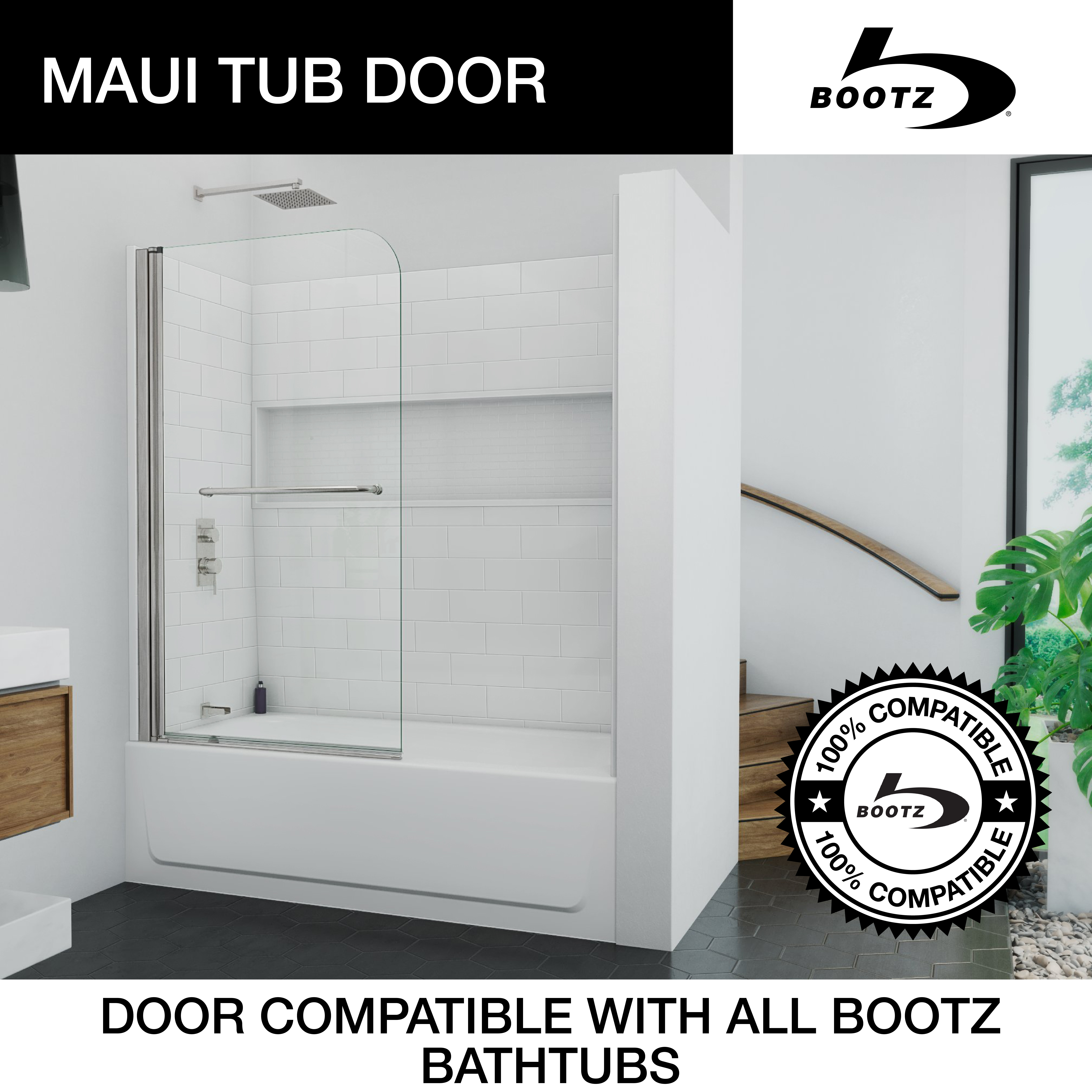 Maui 34 inch W x 58 inch H Frameless Swing Tub Door