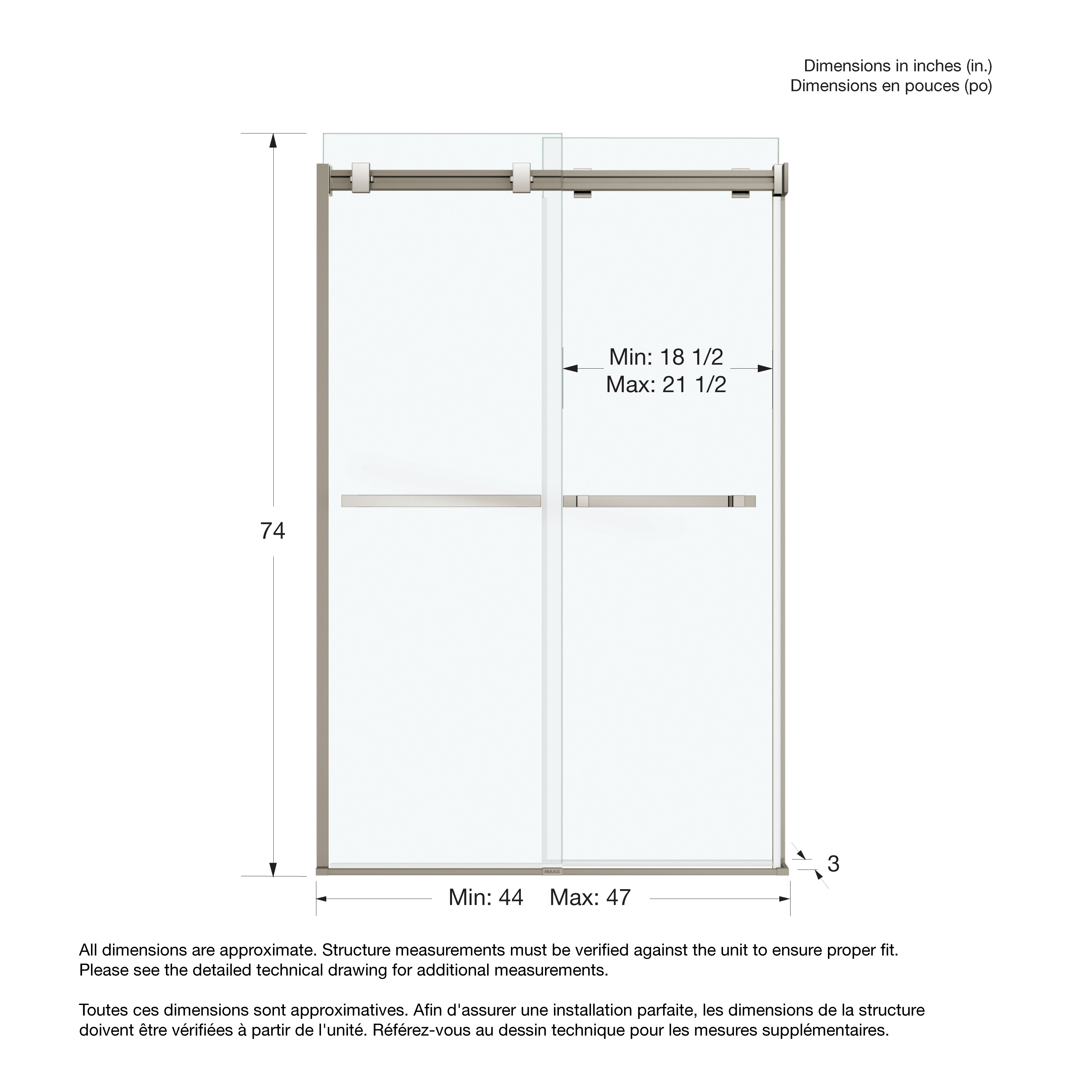 Duel 44-47 x 70 1/2-74 in. 8 mm Bypass Shower Door for Alcove
