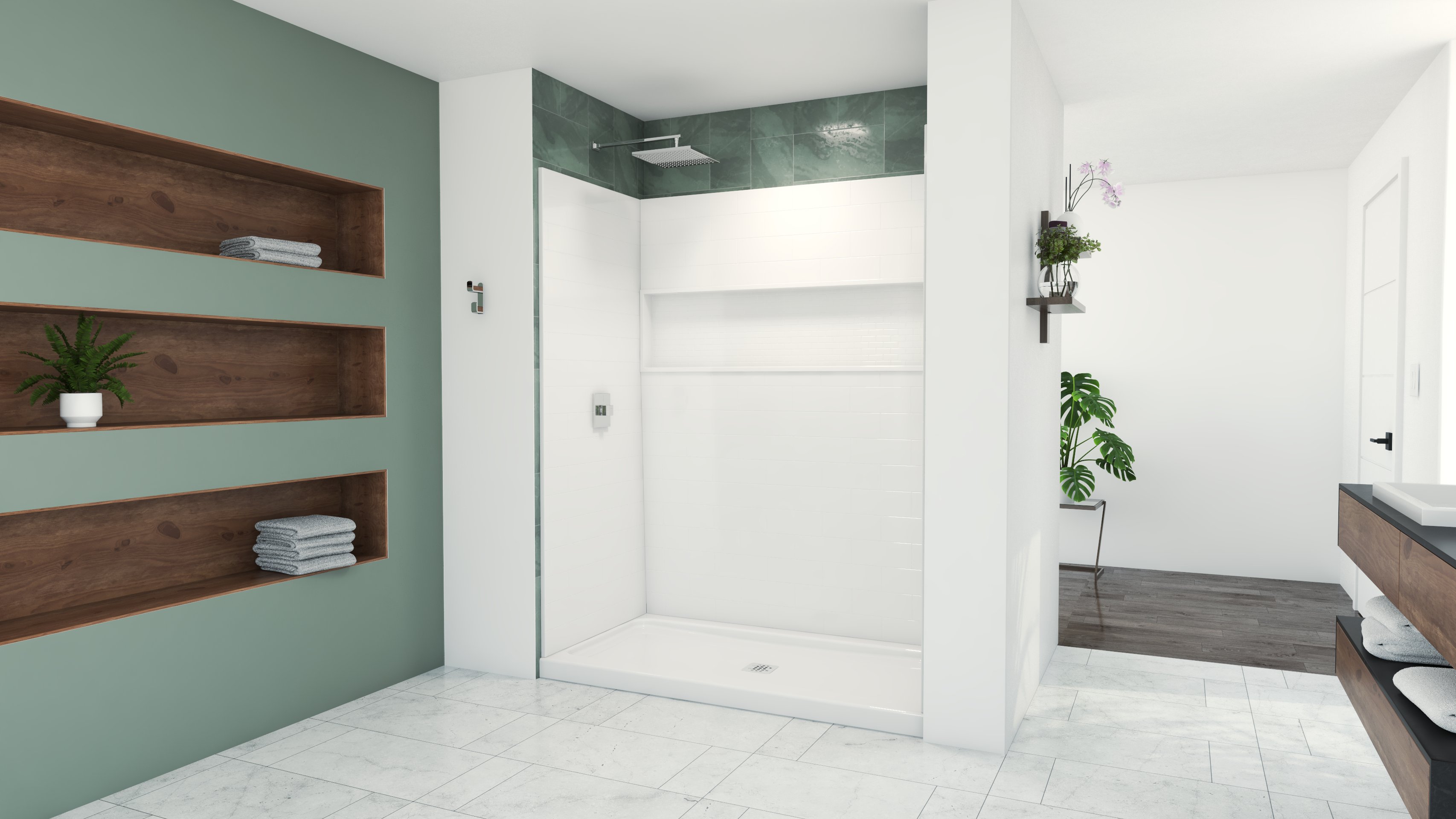 NexTile Alcove Shower Kit 36 in. W x 60 in. L x 78 in. H with ShowerCast base Center Chrome Drain in White