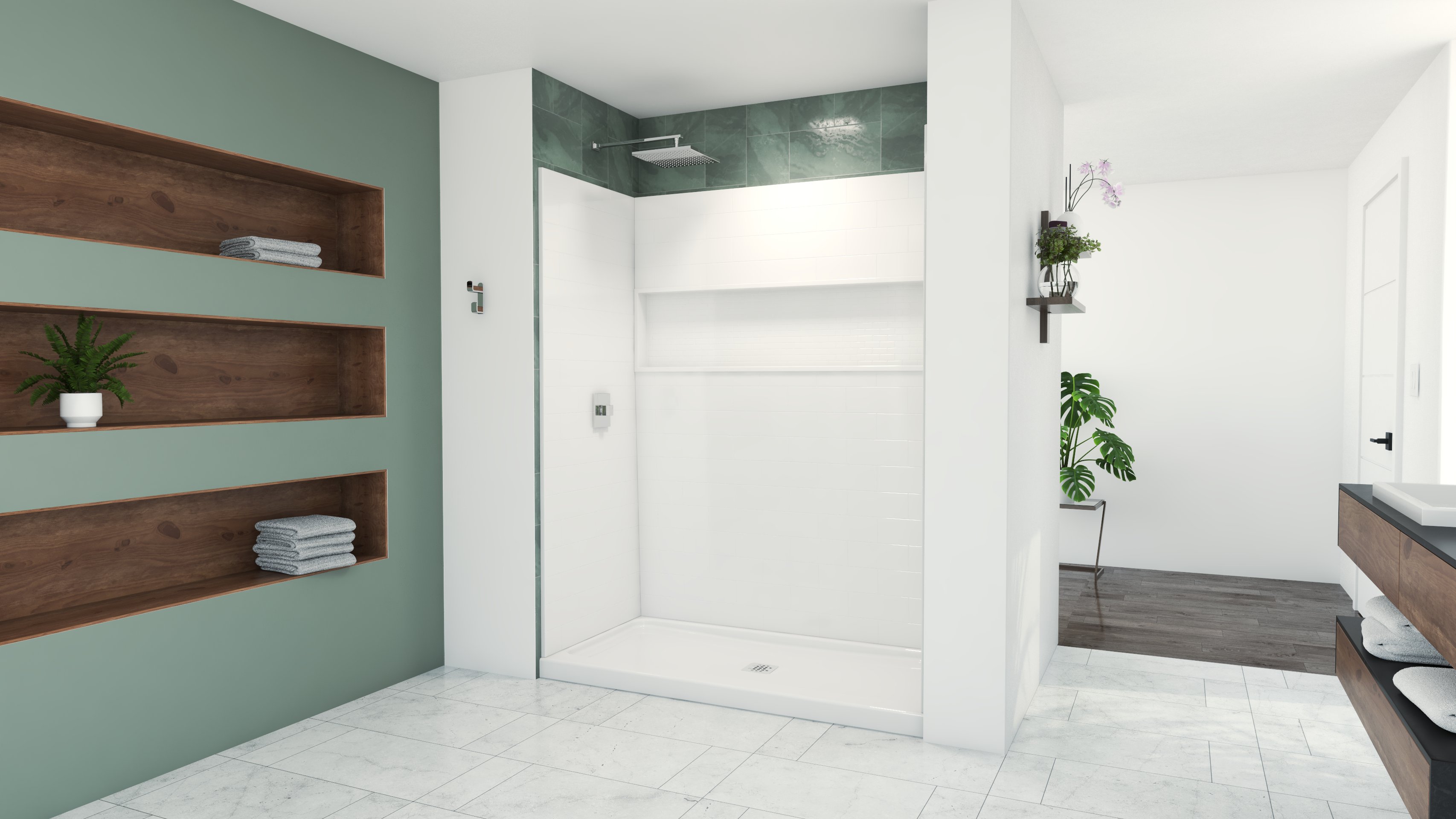 NexTile Alcove Shower Kit 30 in. W x 60 in. L x 78 in. H with ShowerCast base Center Chrome Drain in White