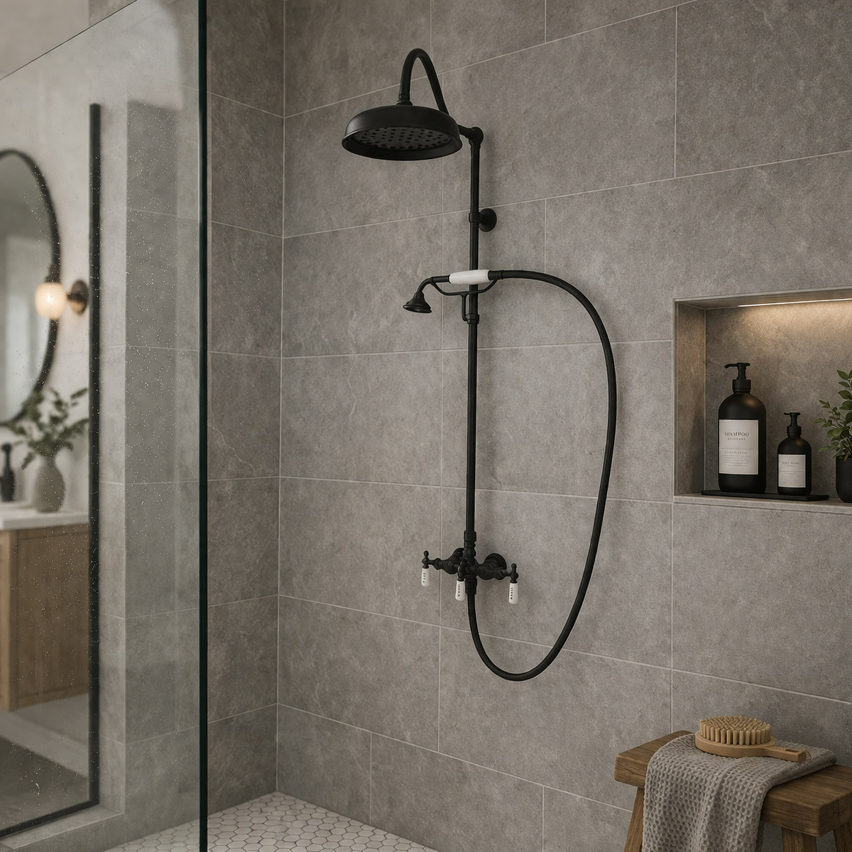 Exposed Porcelain Handle Shower Set with Handshower