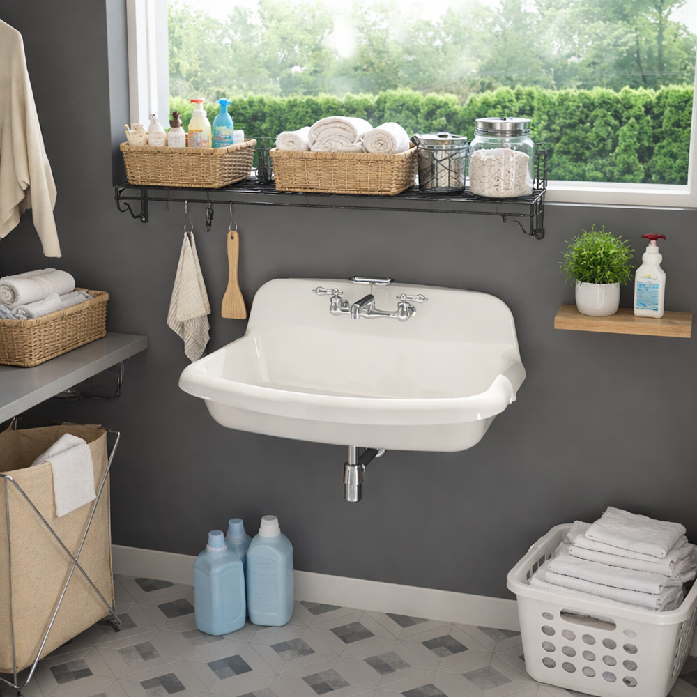 36 Inch Porcelain Wall Mount Utility Sink - White - 8 Inch Faucet Holes