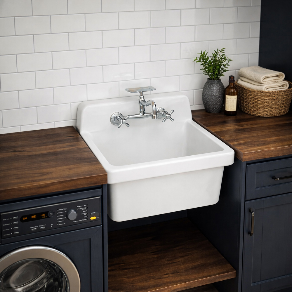 24 Inch Porcelain Wall Mount Utility Sink - White - 8 Inch Faucet Holes