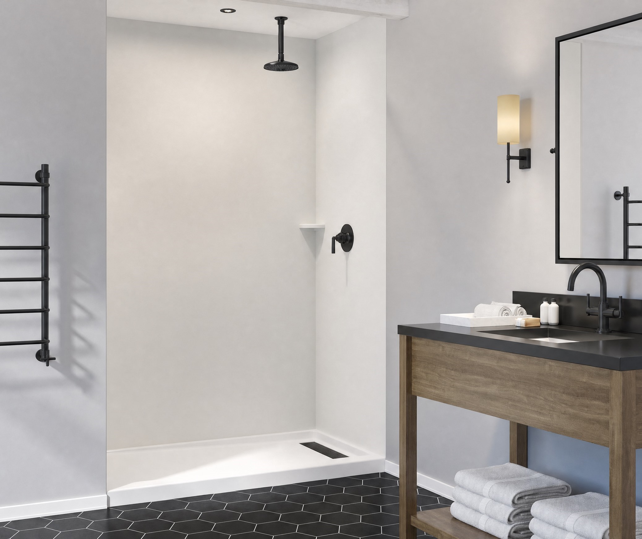Americast 60 x 30 x 3  Alcove Shower Base - Matte Black Trench Drain 4 1/2" in. from Wet Wall