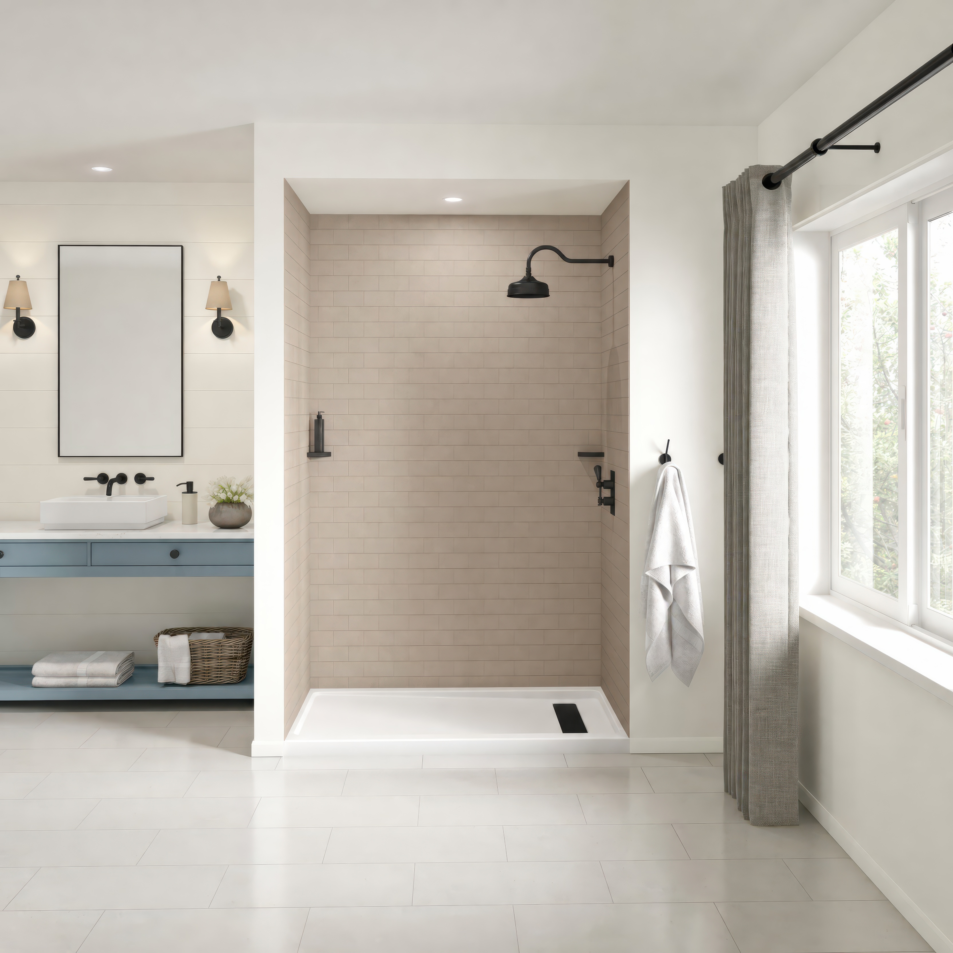 Americast 60 x 32 x 3  Alcove Shower Base - Matte Black Trench Drain 8 1/2" in. from Wet Wall