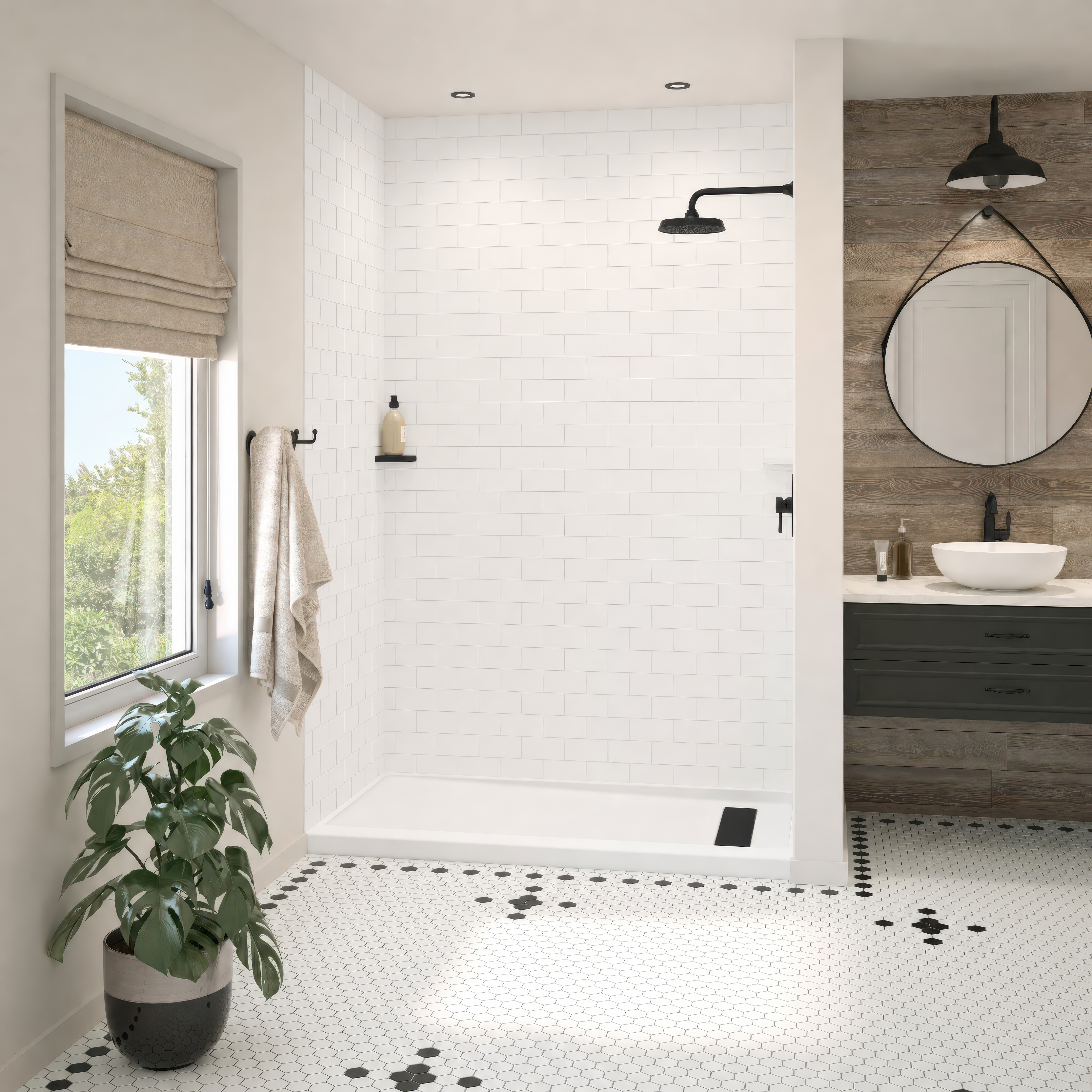 Americast 60 x 36 x 3  Alcove Shower Base - Matte Black Trench Drain 8 1/2" in. from Wet Wall