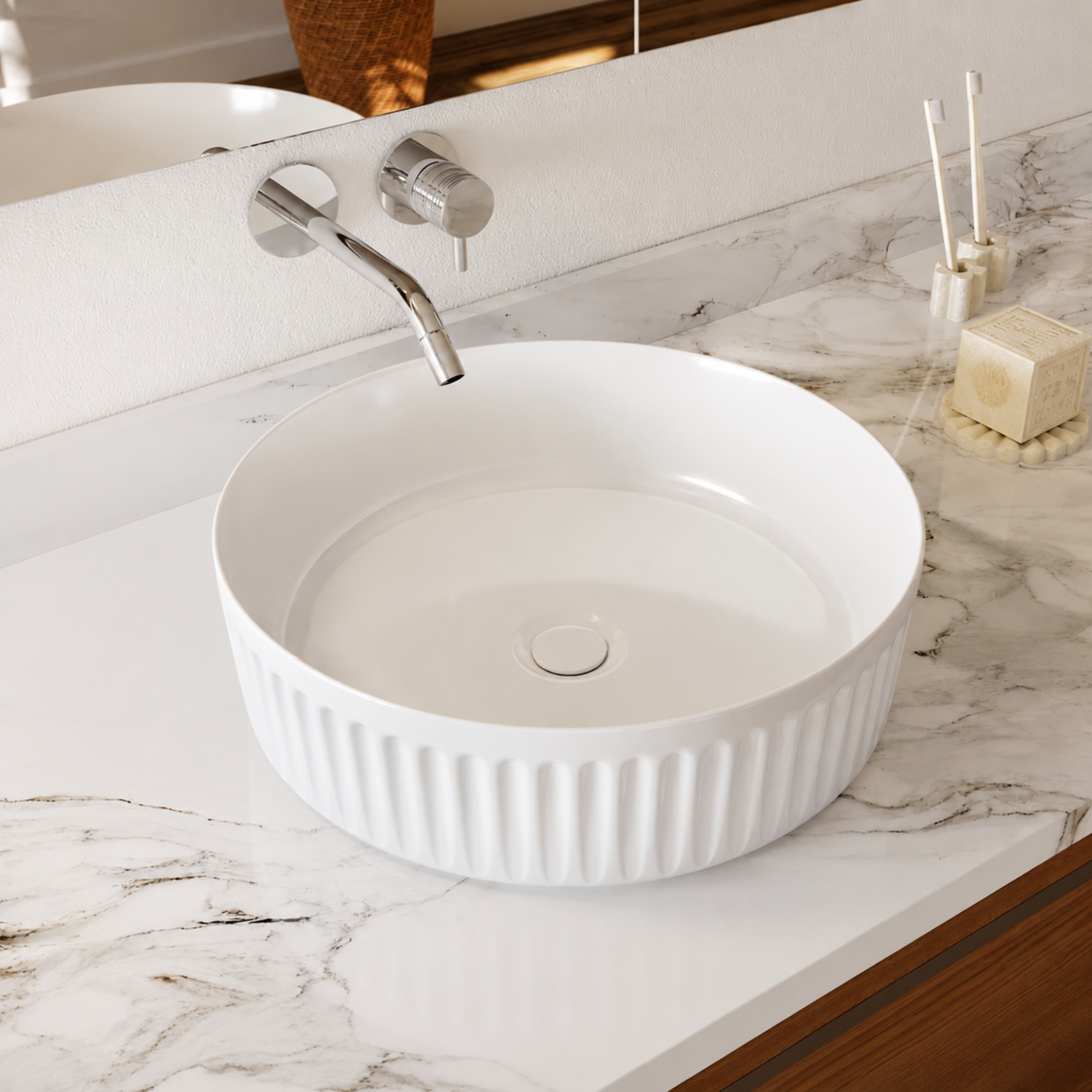 Vertical Round Porcelain Fluted Vessel Sink