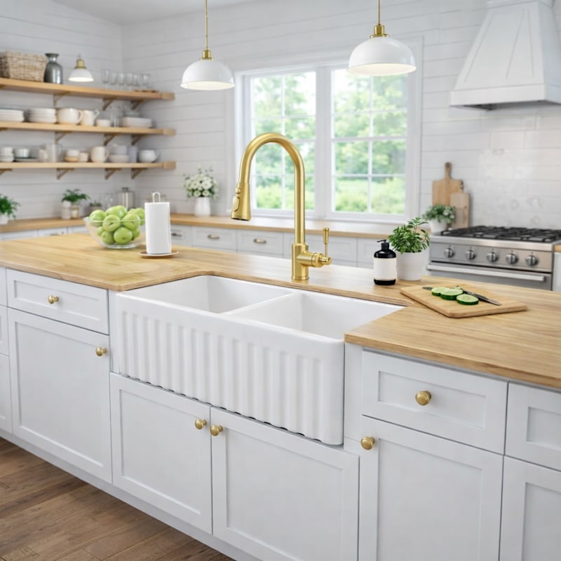 33 Inch Double Bowl Fireclay Farmhouse Sink - White
