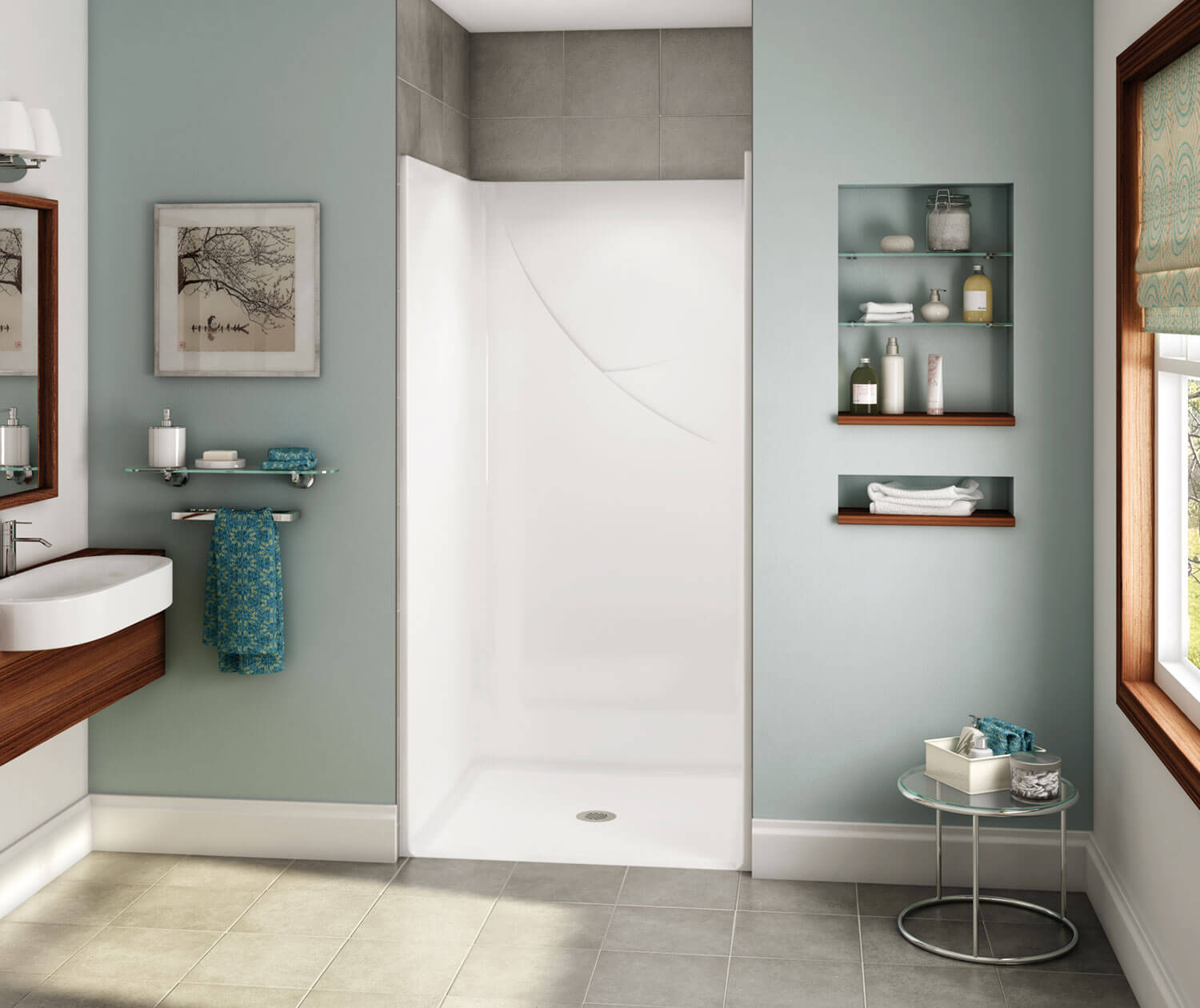 OPS-3636 AcrylX Alcove Center Drain One-Piece Shower in White 