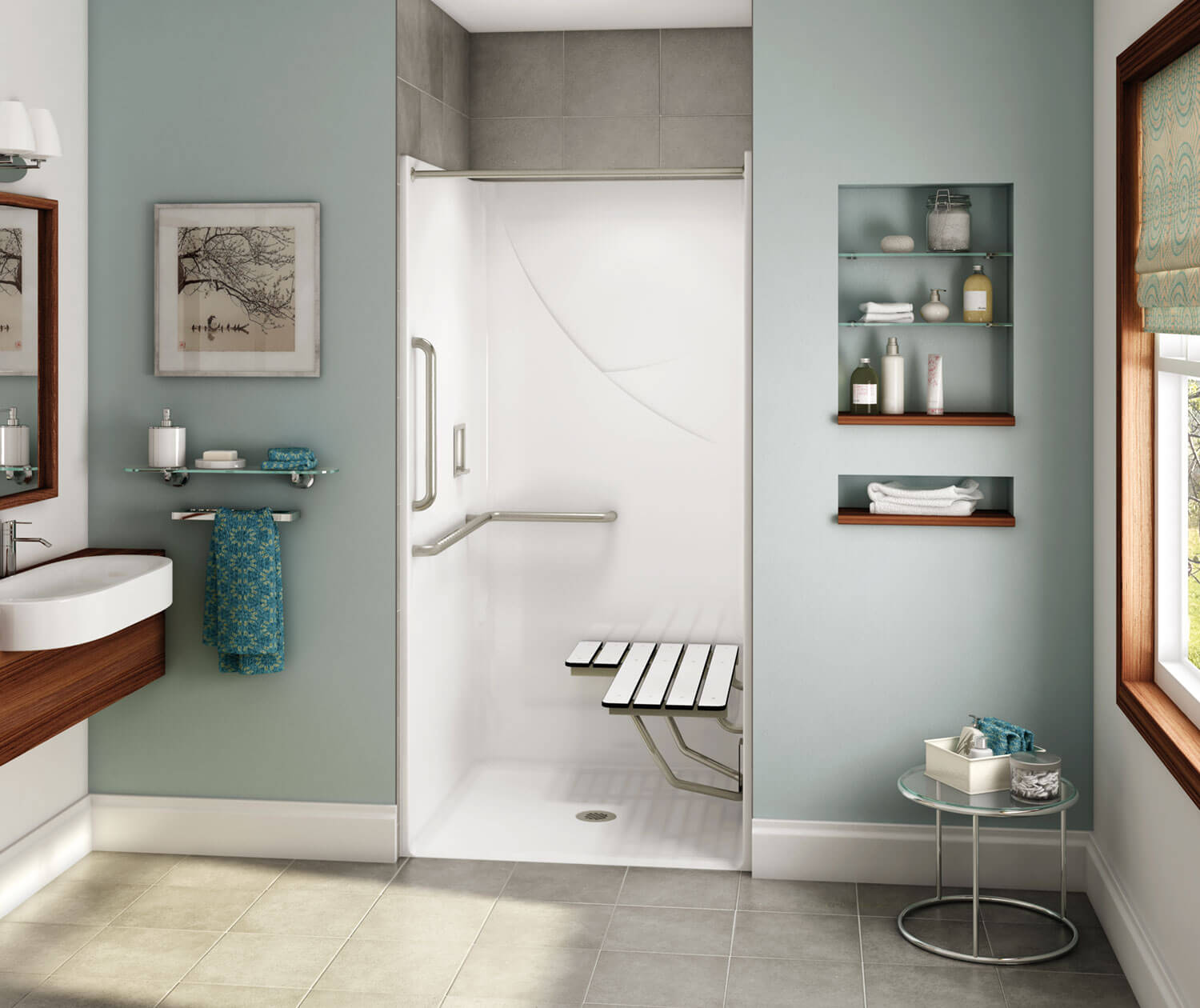 OPS-3636 AcrylX Alcove Center Drain One-Piece Shower in White - L 