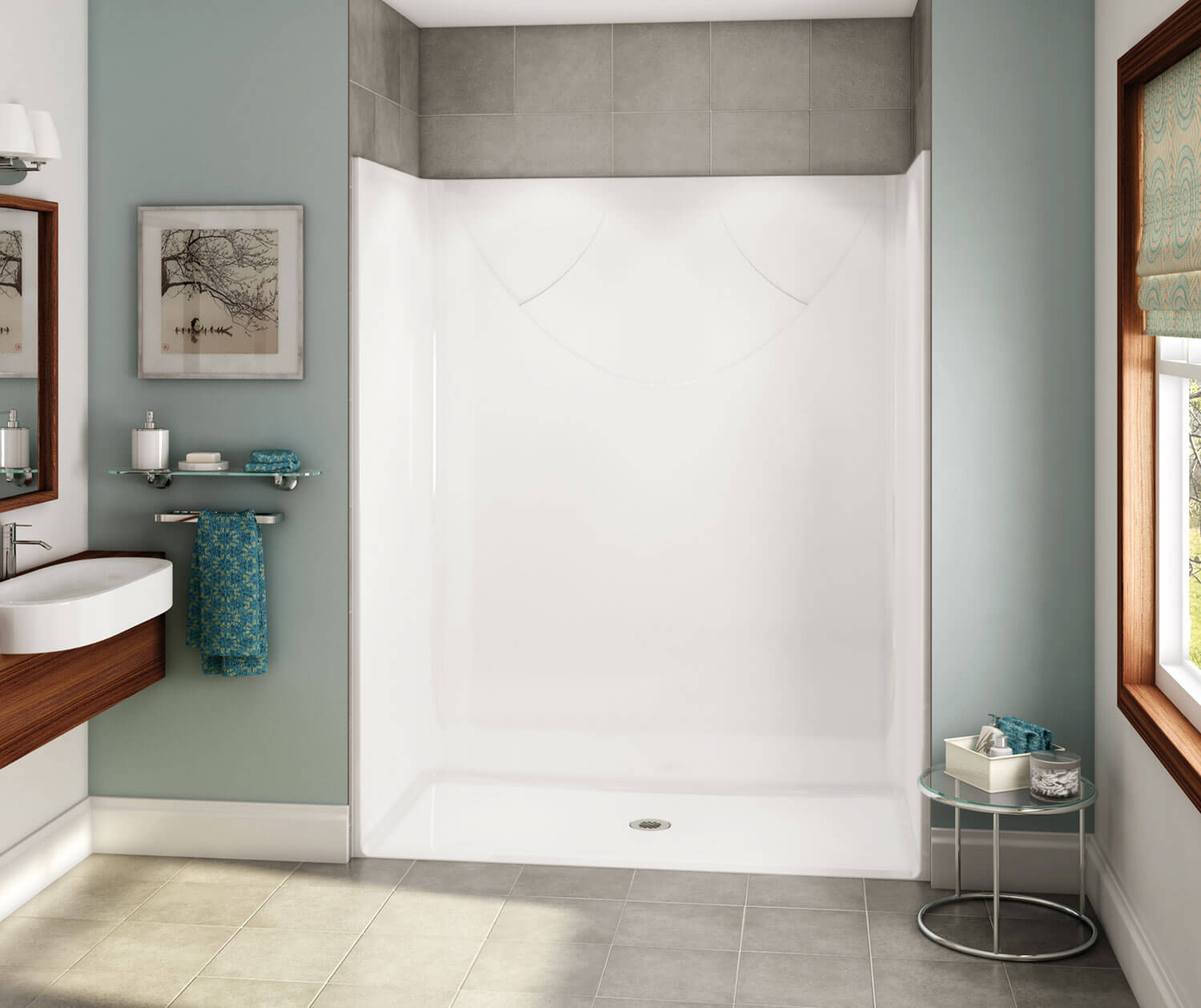 OPS-6030 AcrylX Alcove Center Drain One-Piece Shower in White 