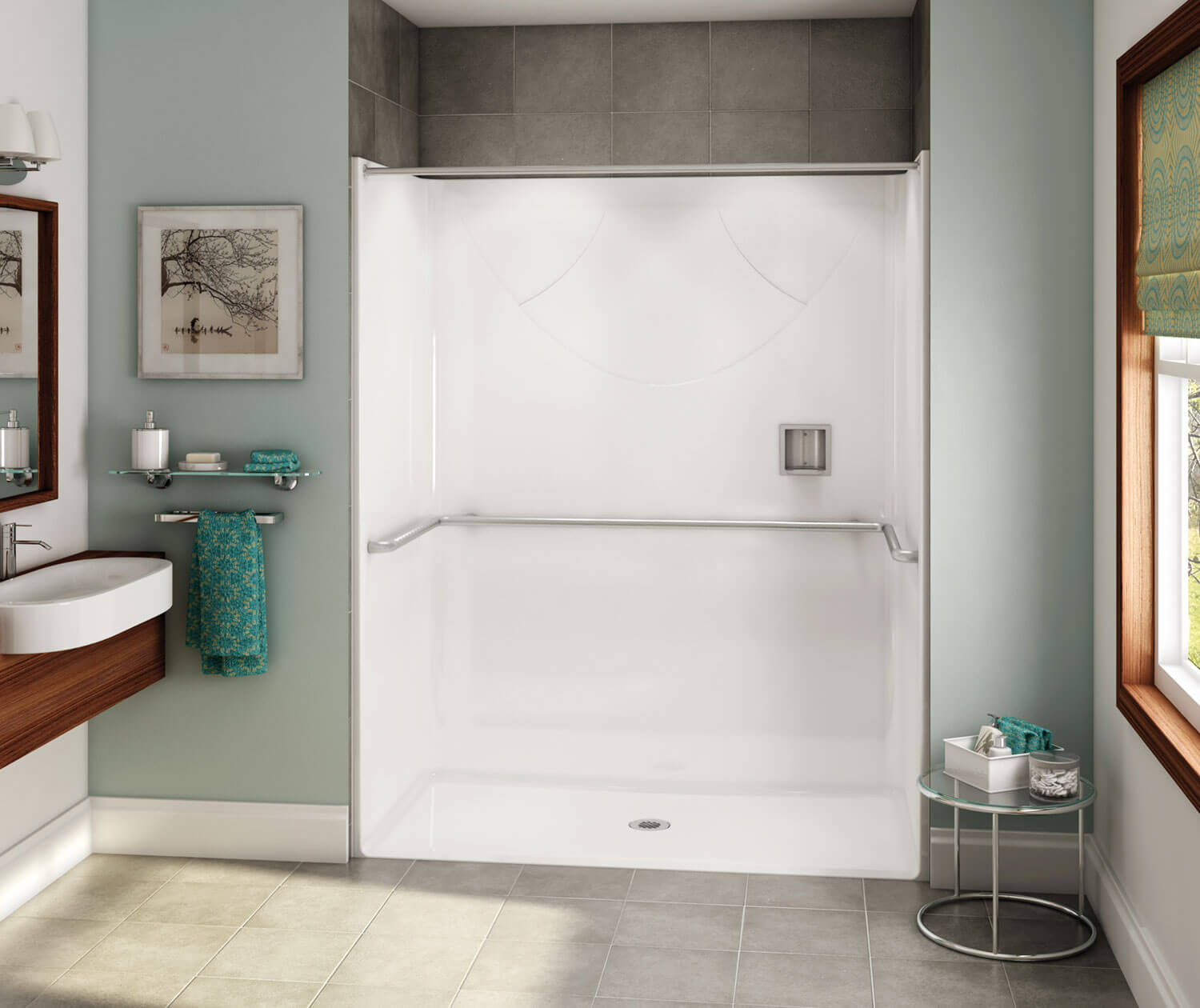 OPS-6030 AcrylX Alcove Center Drain One-Piece Shower in White 