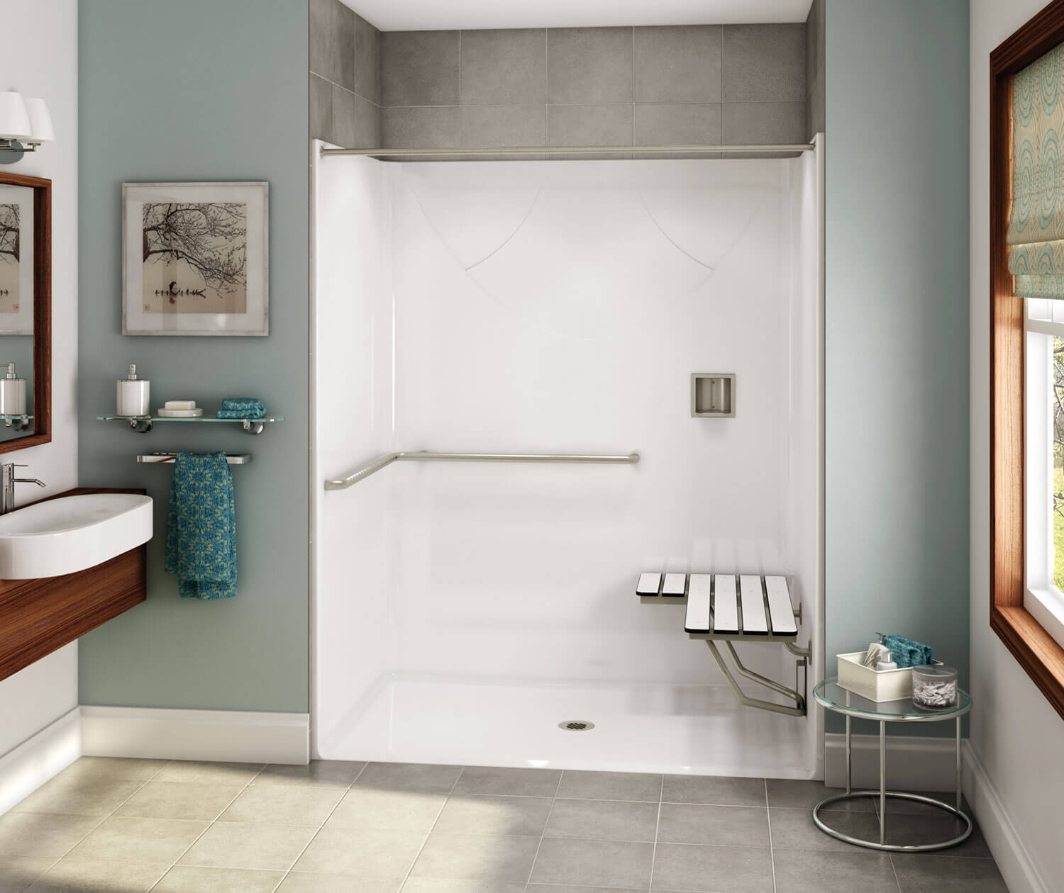 OPS-6036 AcrylX Alcove Center Drain One-Piece Shower in White 