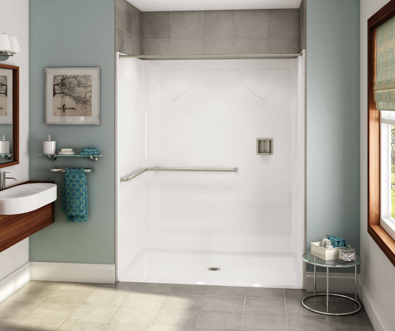 OPS-6036-RS AcrylX Alcove Center Drain One-Piece Shower in White 