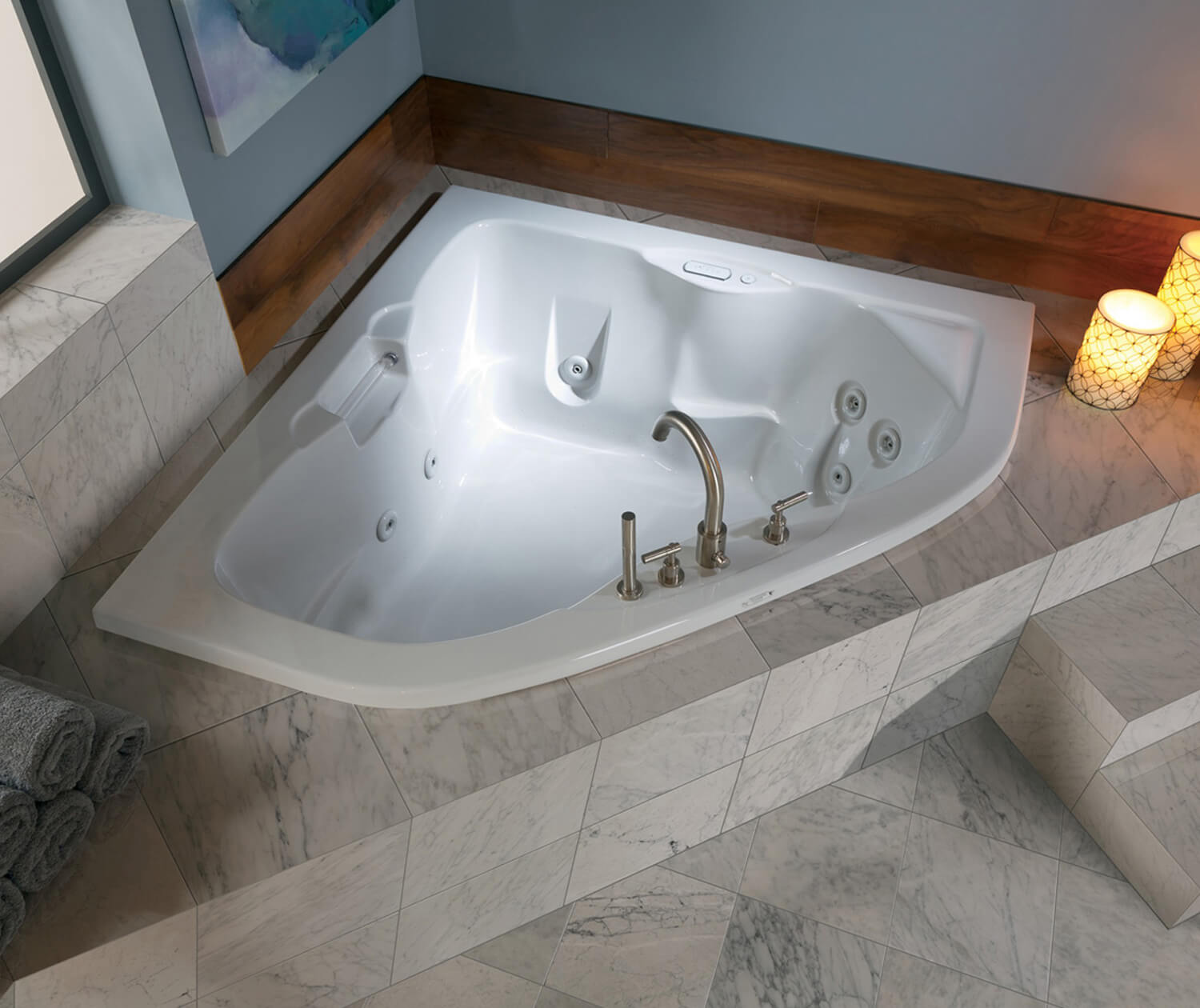 Infinity 4 - 60 in. Acrylic Center Drain Corner Drop-In Air Bath/ Whirlpool Bathtub with Heater in White Infinity 4 - 60 in. Acrylic Center Drain Corner Drop-In Air Bath/ Whirlpool Bathtub with Heater in White