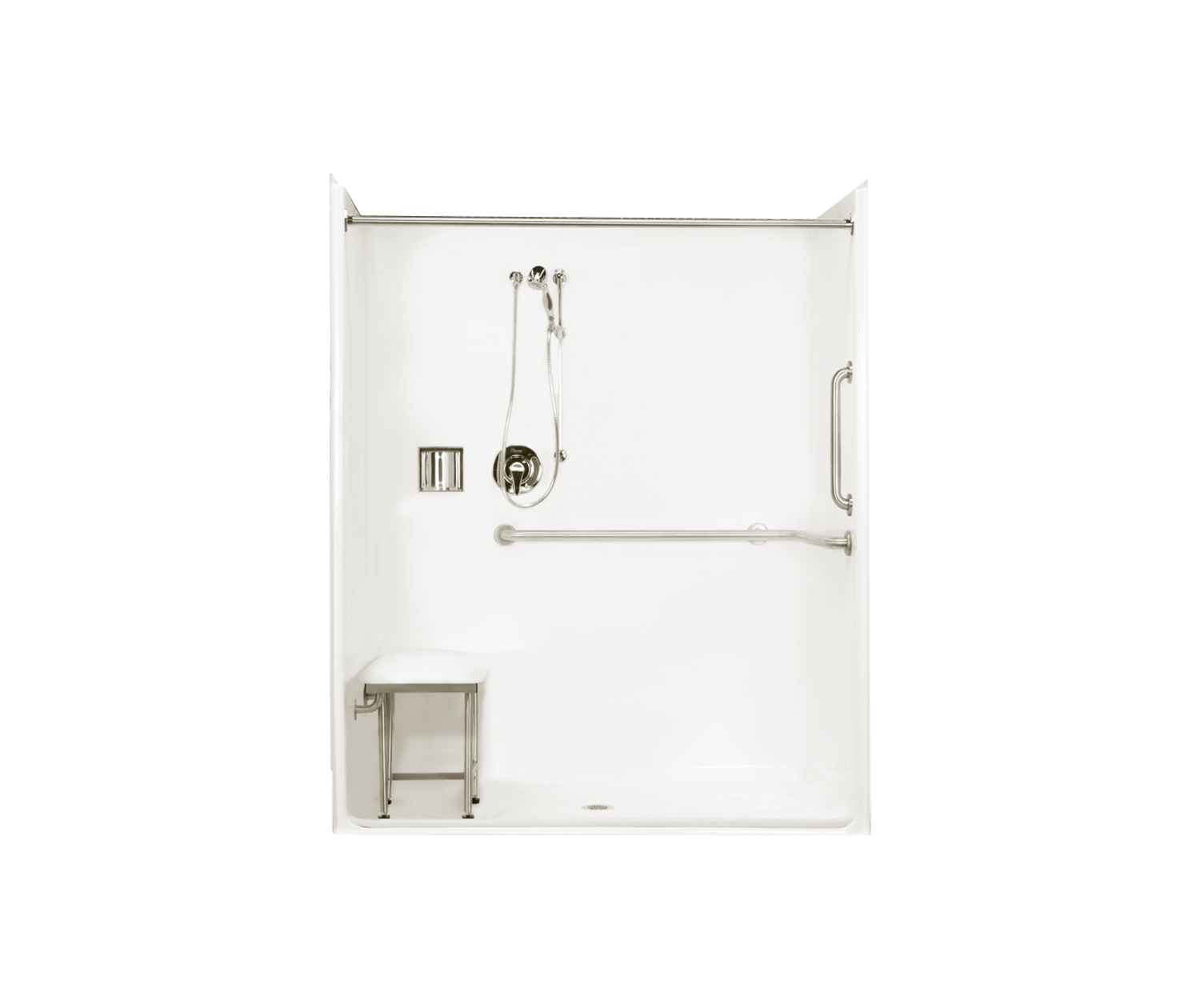 Laurel Mountain Whitwell ADA Roll-In Zero Threshold- Barrier Free White 33-in x 62-in x 78-in Base/Wall One-Piece Shower Kit with Folding Seat