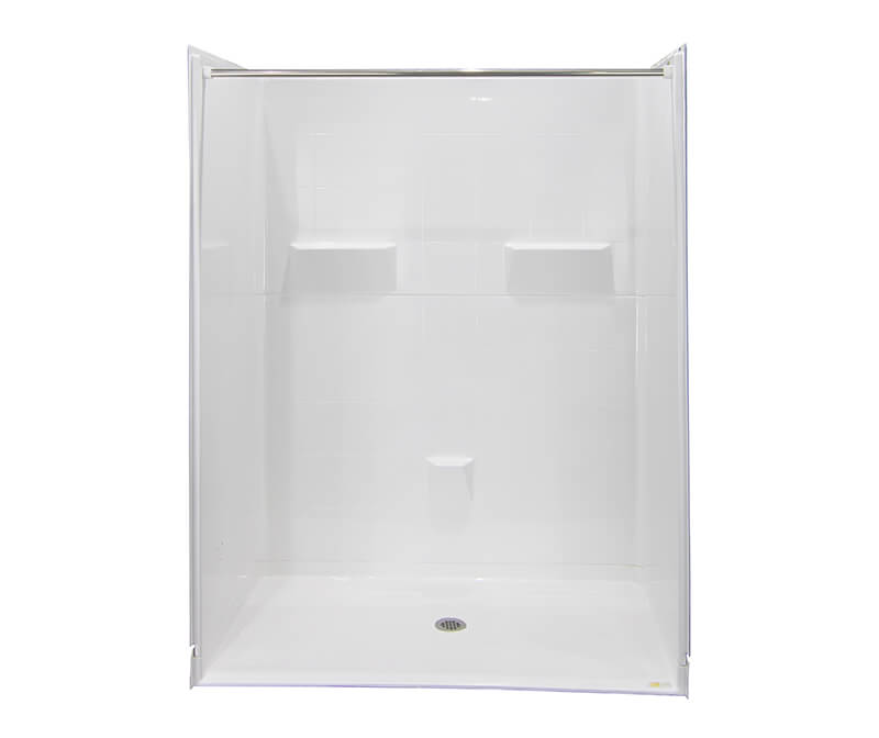 Laurel Mountain Whitwell ADA Roll-In Zero Threshold- Barrier Free White 33-in  x 62-in x 78-in One-piece Shower Kit (Center Drain) with Folding Seat, Base,  Wall and Drain Included in the Shower Stalls