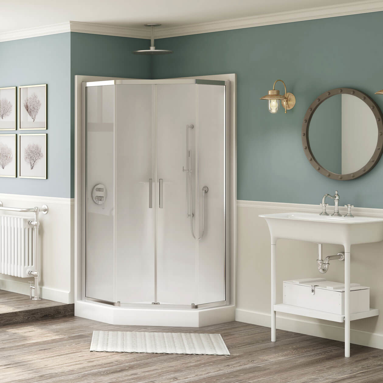 Radia Neo-angle 40 x 40 x 71 ½ in. 6mm Sliding Shower Door for Corner Installation with Clear glass in Chrome | Shower Door, Maax en Radia Neo-angle 40 x 40 x 71 ½ in. 6mm Sliding Shower Door for Corner Installation with Clear glass in Chrome | Shower Door, Maax en