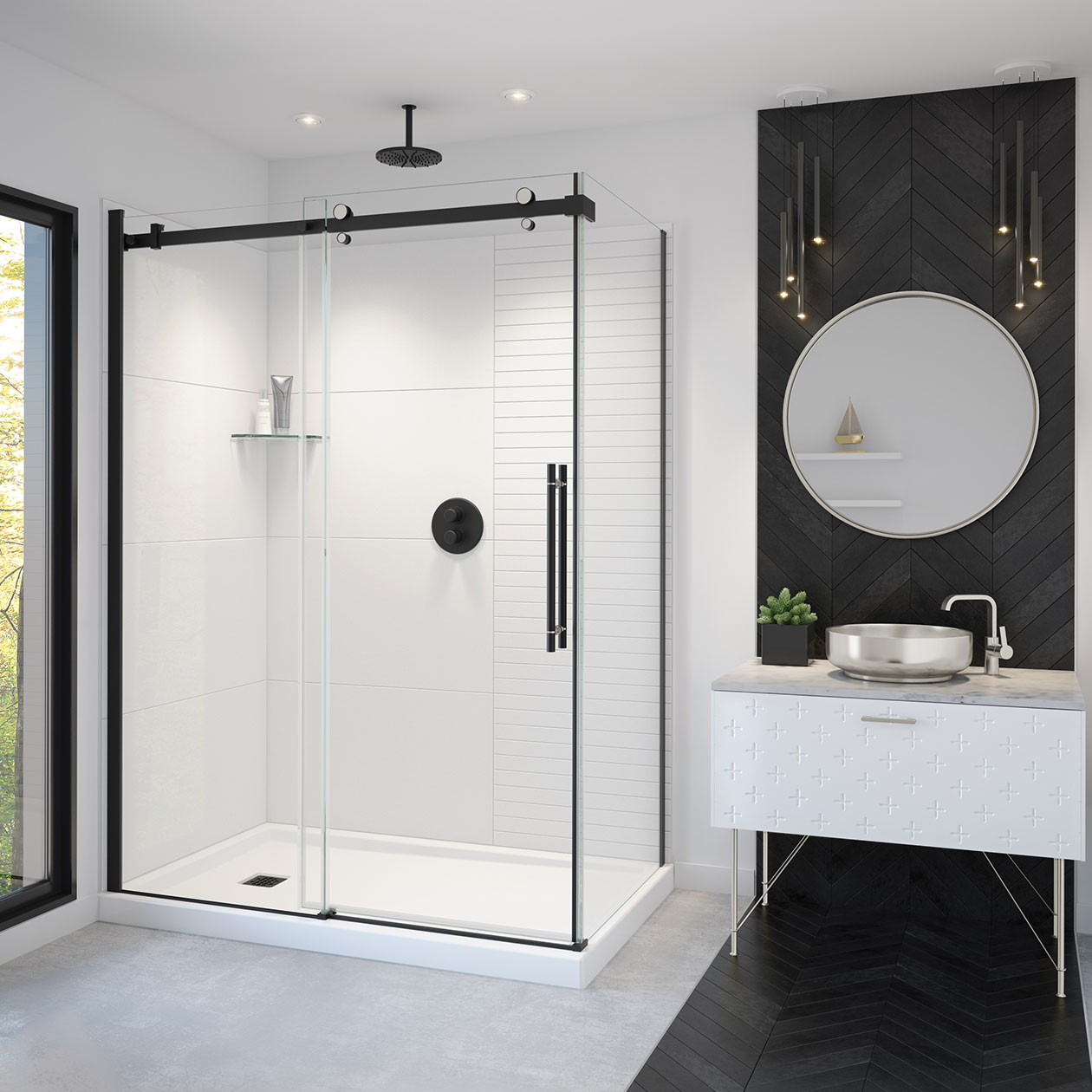 Vela 56 ½-59 x 78 ¾ in. 8mm Sliding Shower Door for Alcove Installation  with Clear glass in Matte Black and Brushed Nickel | Shower Door, Maax en-CA