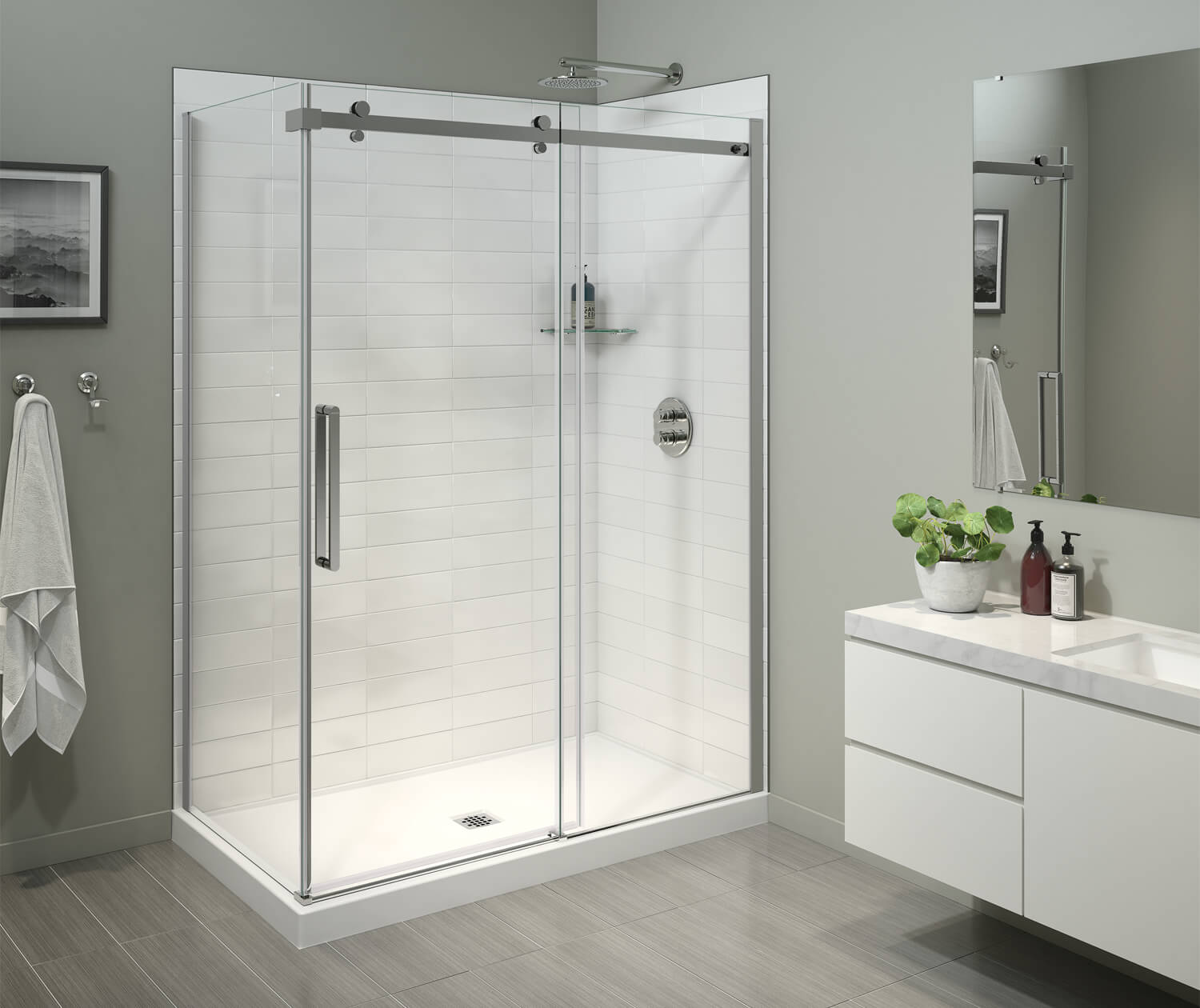 Maax Monroe White 38-in x 38-in x 76-in Base/Wall/Door Curved Corner Shower Kit (Off-center Drain) | 800025-900-084-000