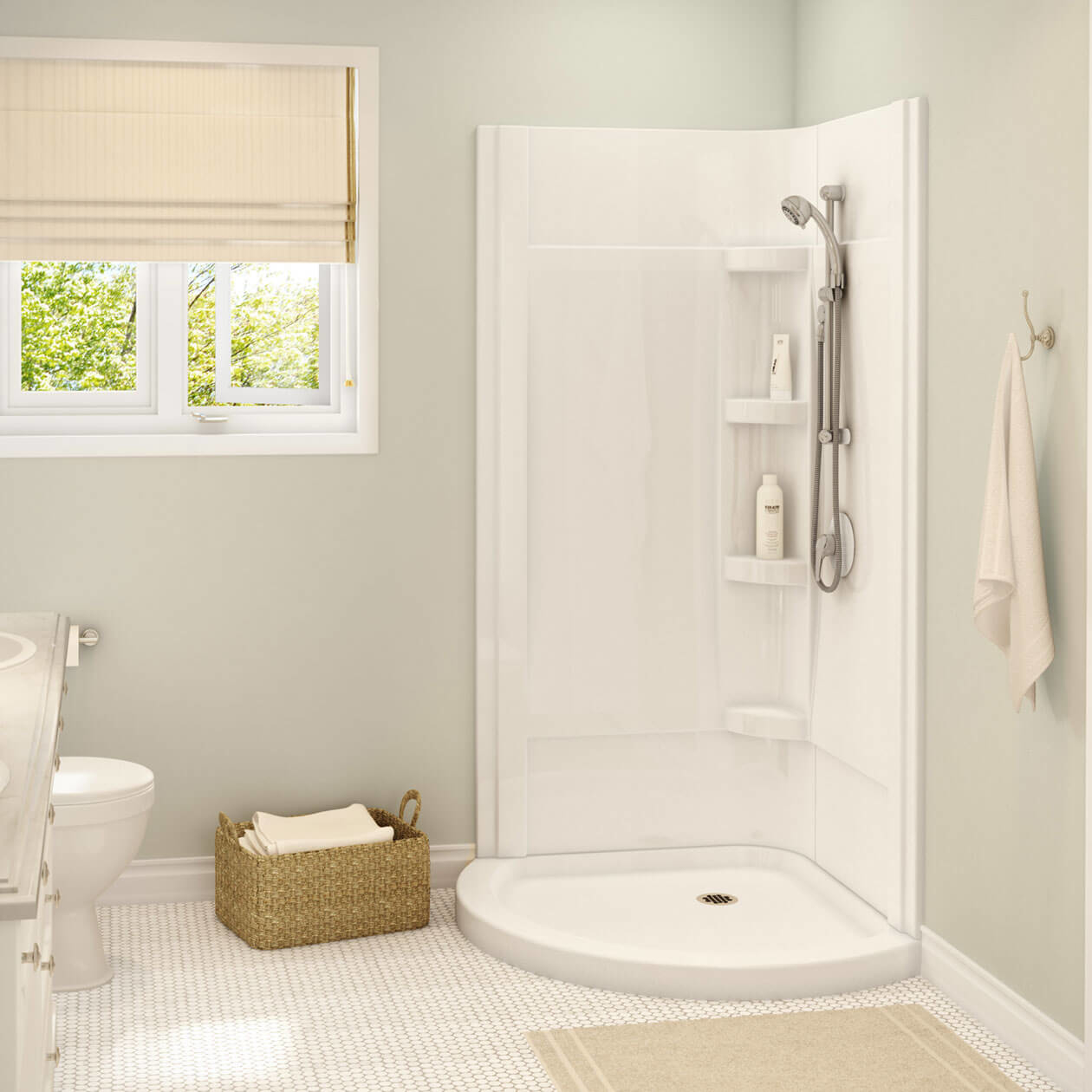 Cyrene 34 x 34 Acrylic Center Drain Shower Kit in White with Clear