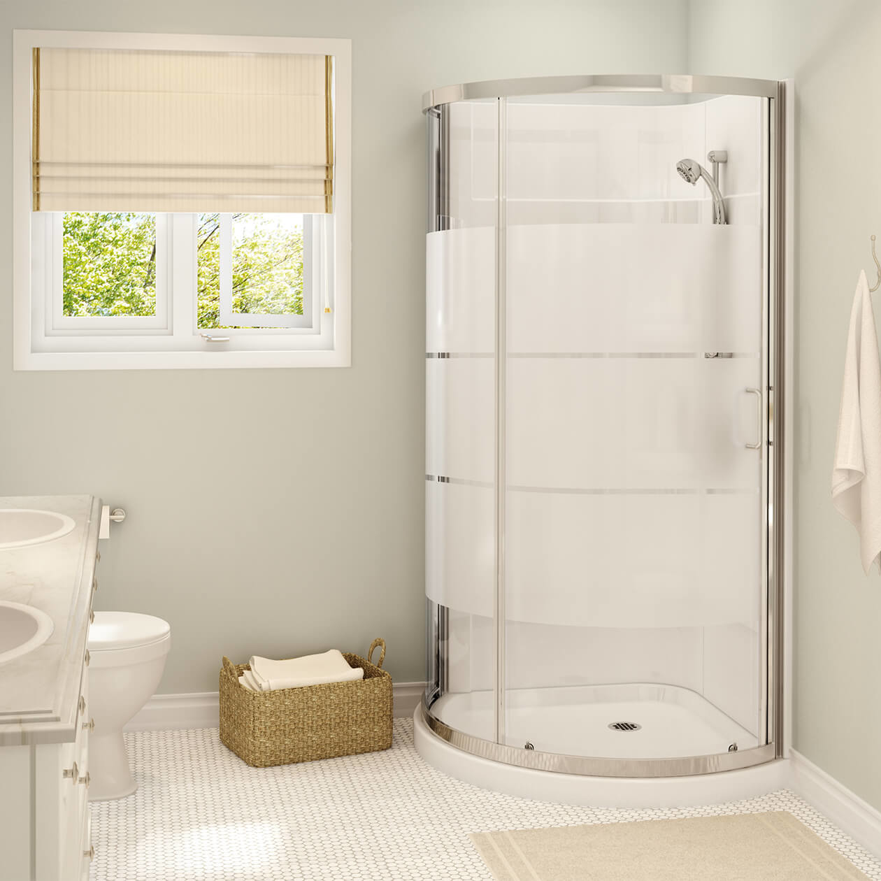 Cyrene 34 x 34 Acrylic Center Drain Shower Kit in White with 3 Stripes