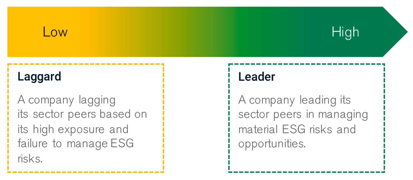 Low end: Laggard, a company lagging its sector peers based on its high exposures and failure to manage ESG risks. High end: Leader, a company leading its sector peers in managing material ESG risks and opportunities.
