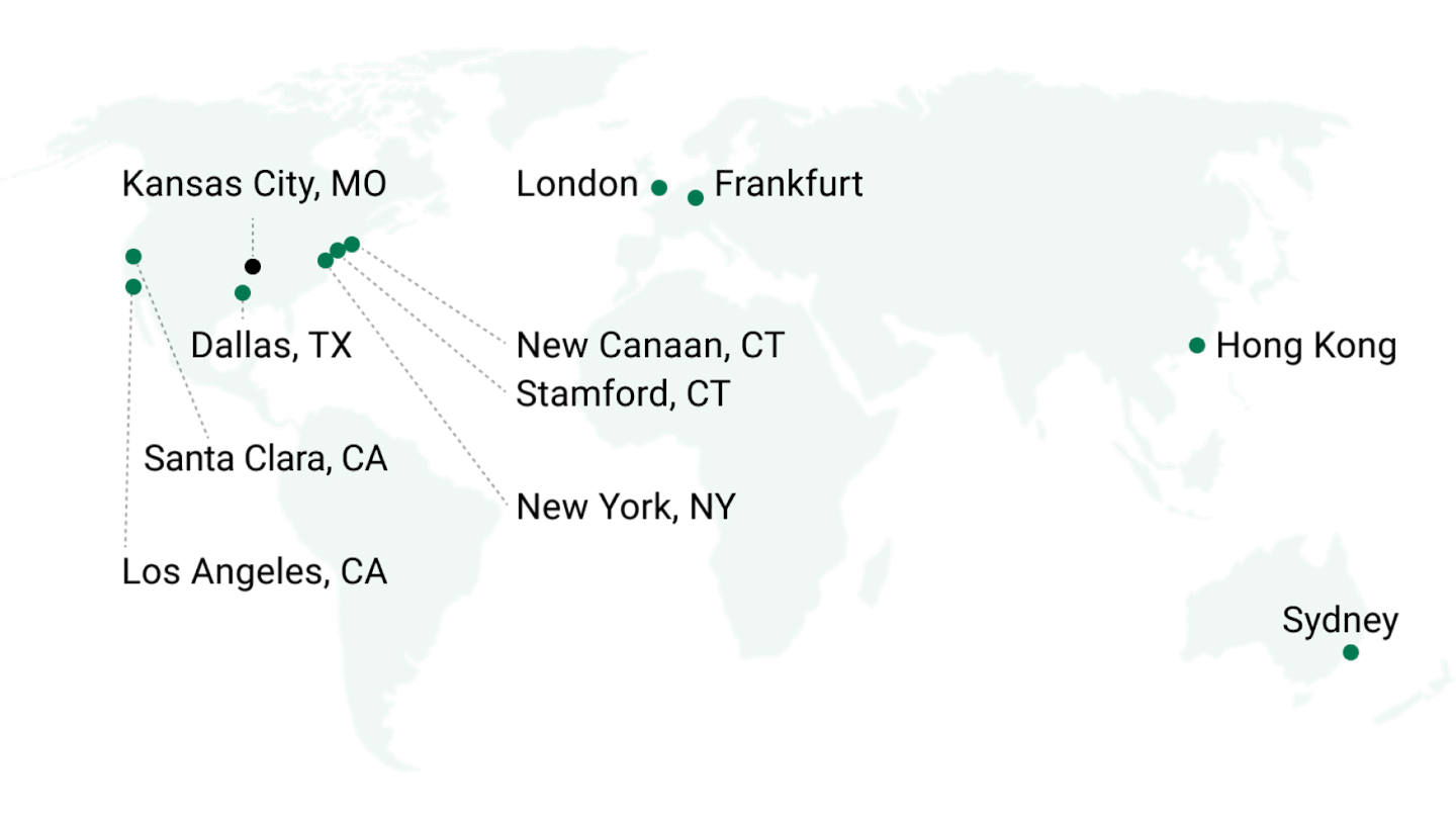 Map of American Century office locations: Kansas City, MO, Santa Clara, CA, Los Angeles, CA, Dallas, TX, New Canaan, CT, Standford, CT, New York, NY, London, UK, Frankfurt, DE, Hong Kong, and Sydney, AUS.