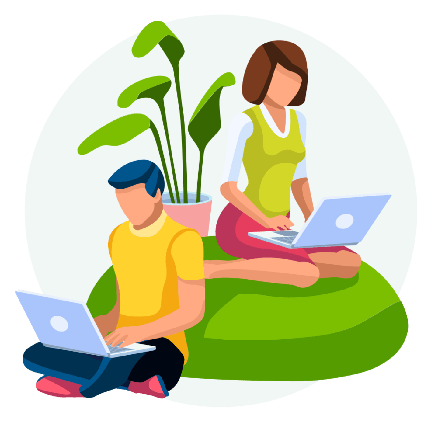Illustration of man and woman on laptops.