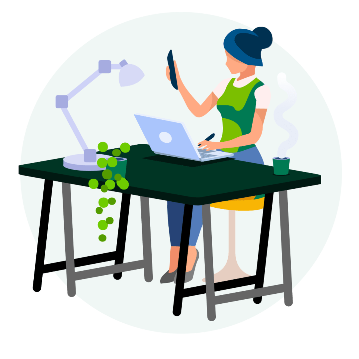 Illustration of woman at desk.