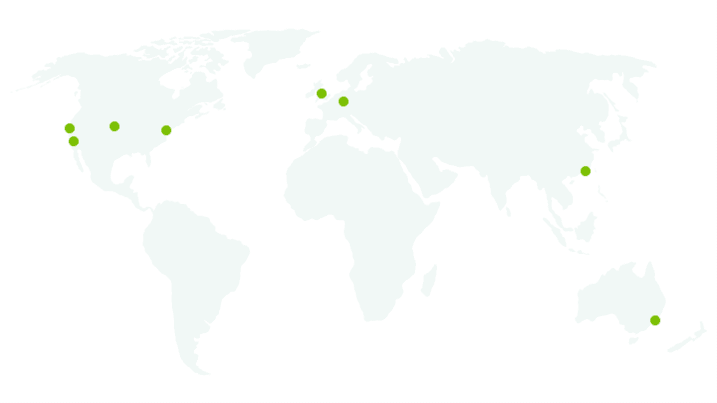 A map of the world with green dots indicating our offices around the world.