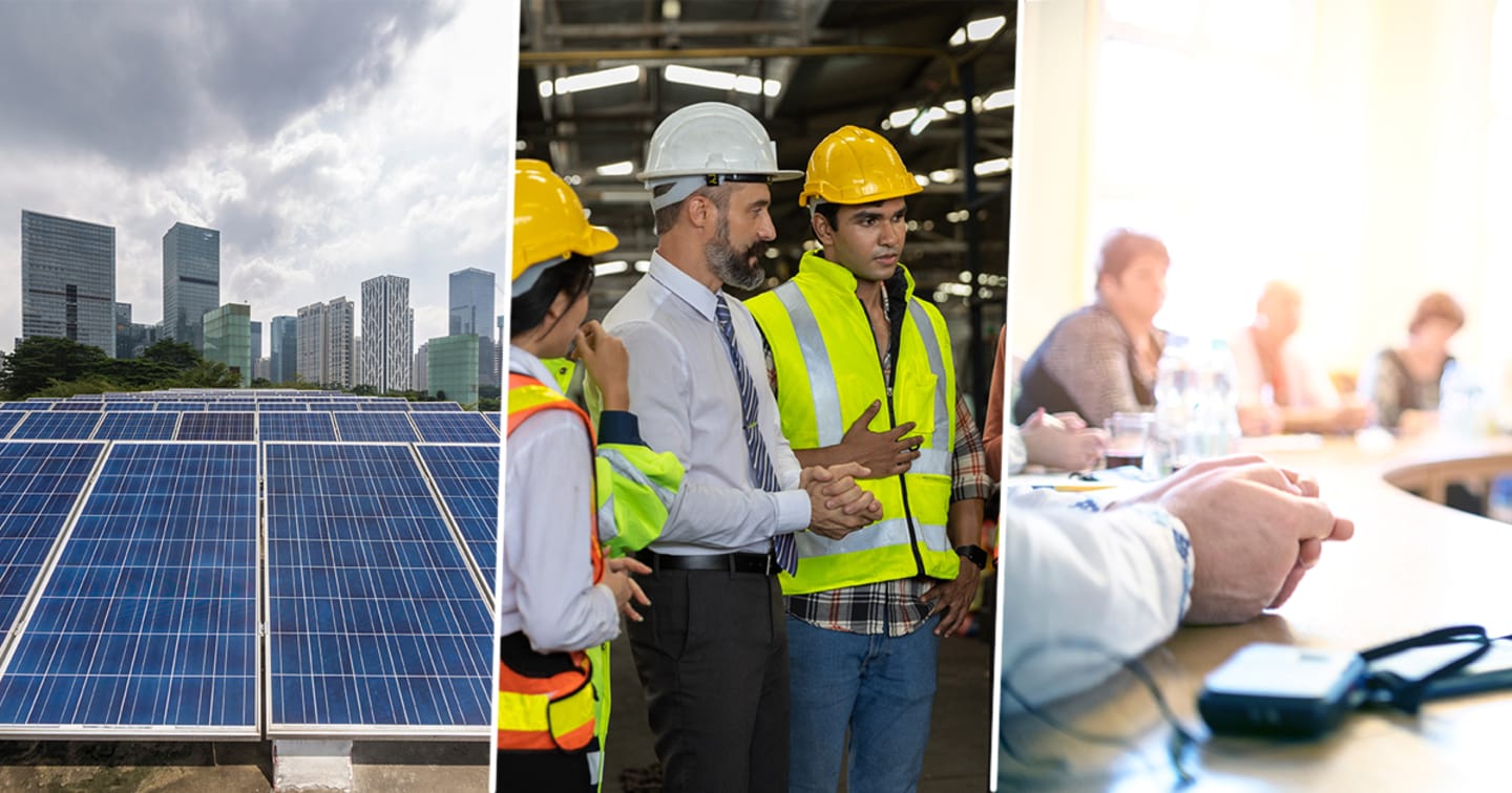 Collage of solar panels, industry workers and an office meeting.