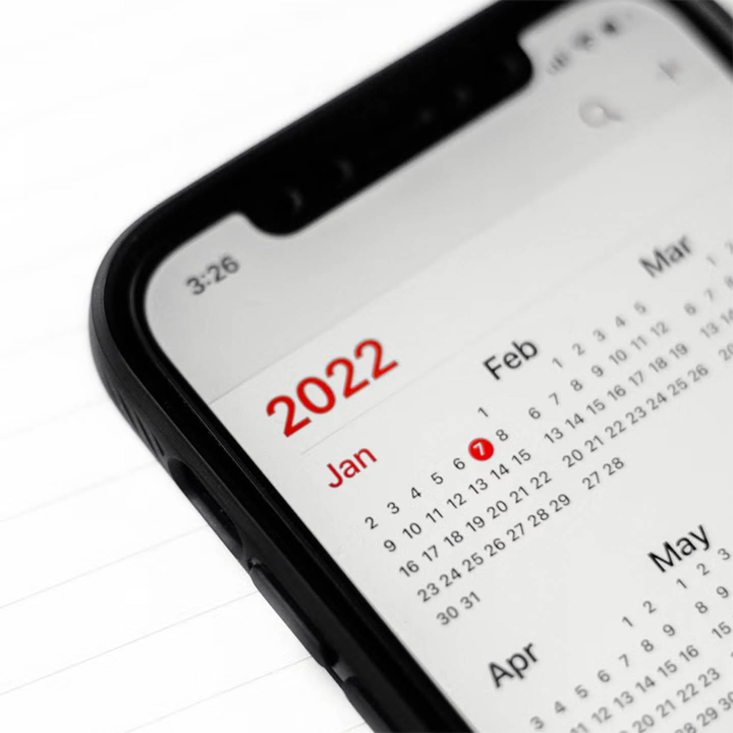 A 2022 calendar on a smart phone.