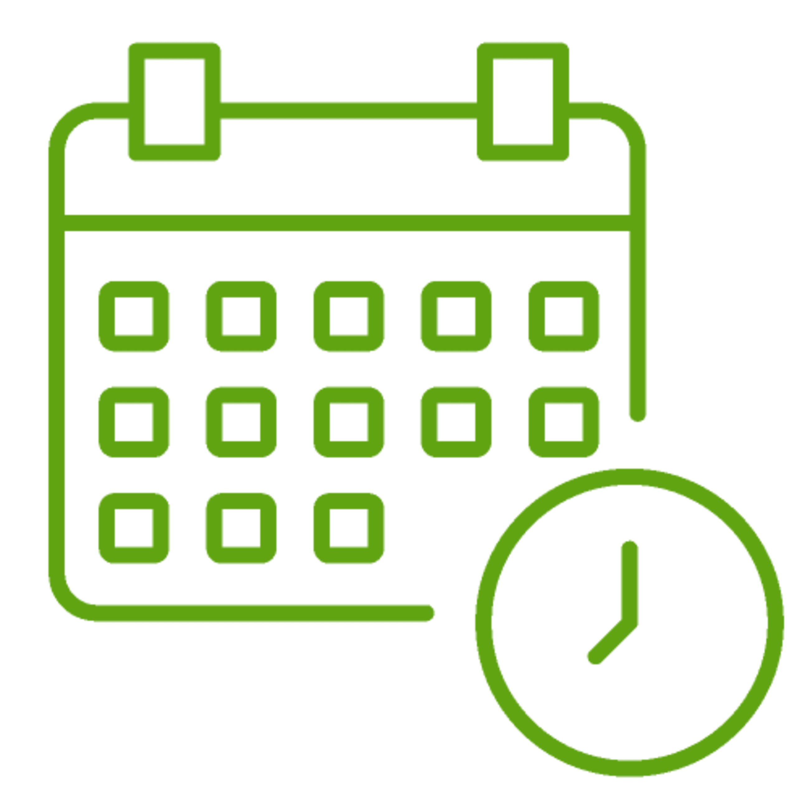 Icon of calendar with simple clock in lower right coer.