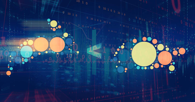 Graphic Image of zeros and ones and circles on a blue background.