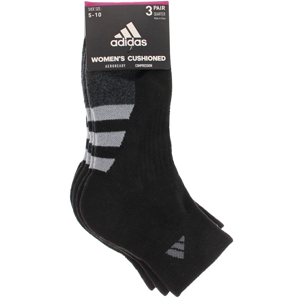 Adidas 3 Pack Womens 1/4 Socks Black Grey View 2