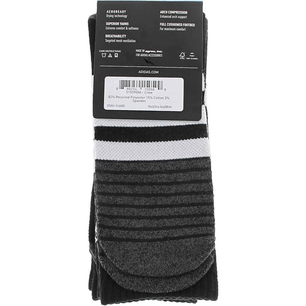 Adidas Cushioned 3 Stripe Mens 3pk Crew Socks Black Grey White View 3