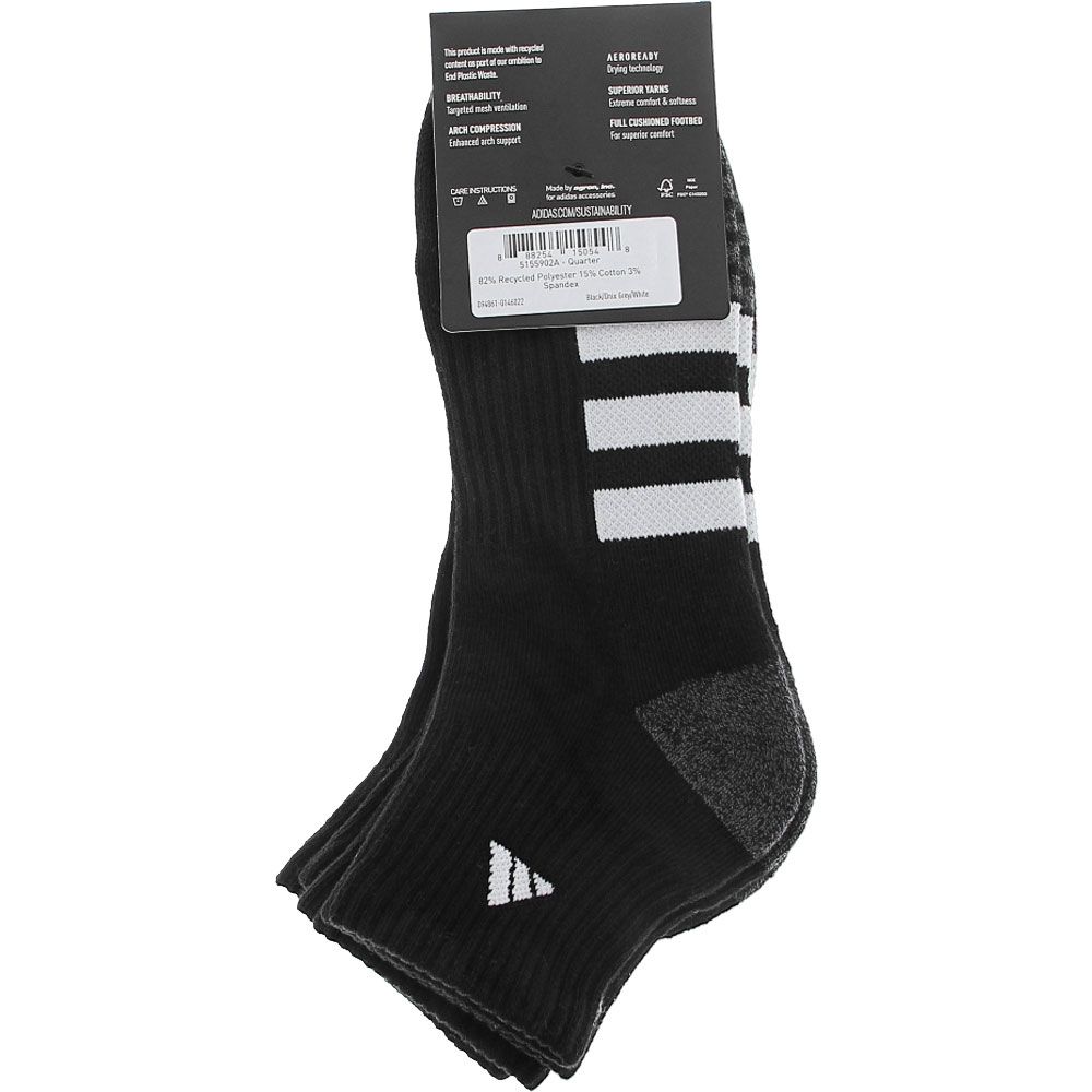 Adidas Cushioned 3 Stripe Mens 3pk Quarter Socks Black View 3